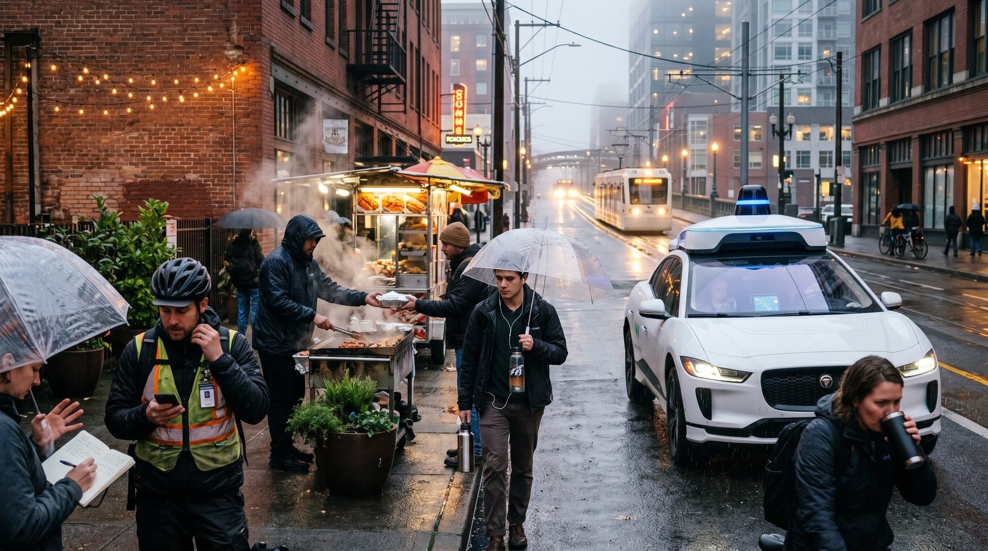 Waymo robotaxi navigating rainy Portland Pearl District with bridge view, city lights, and tech glow