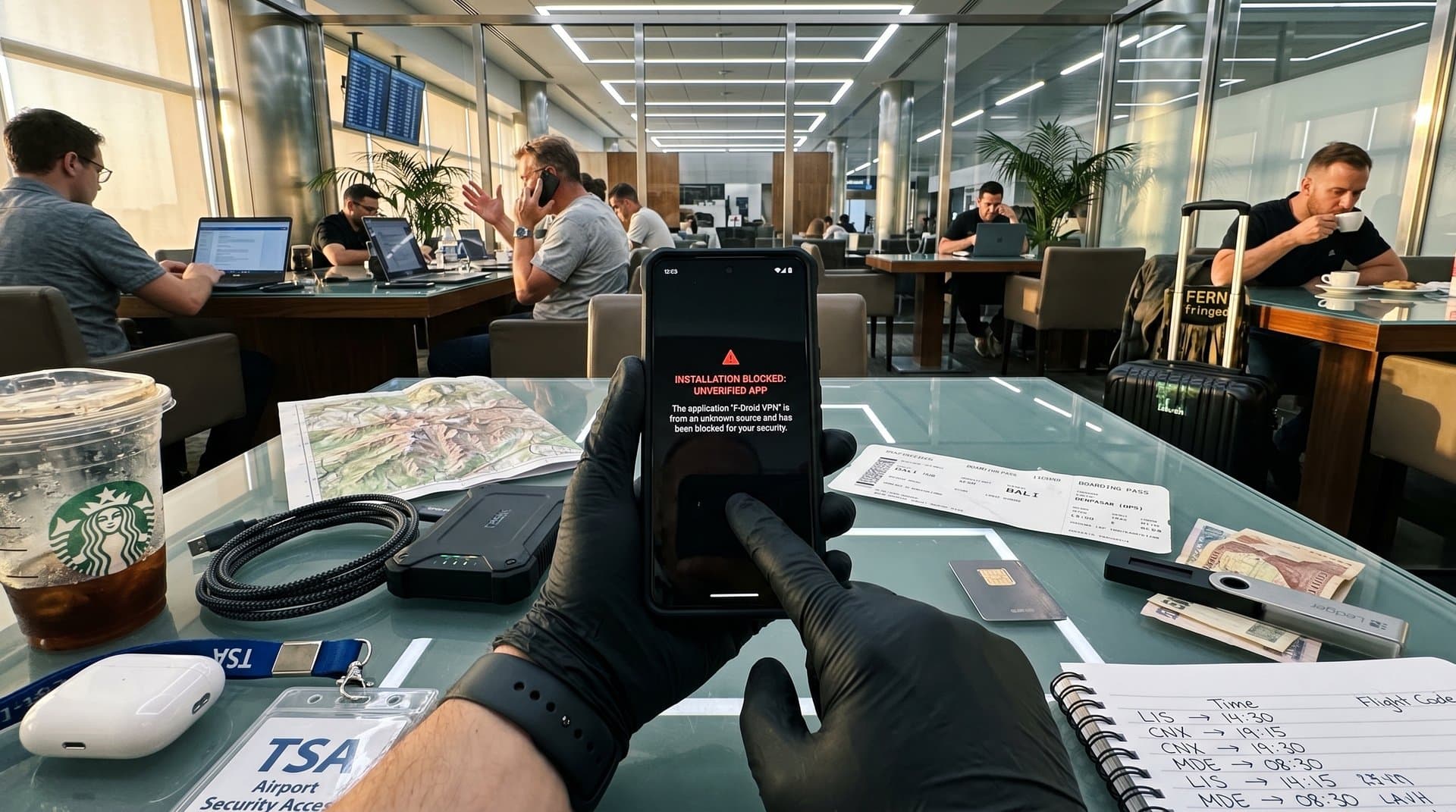 Android phone showing blocked F-Droid app install on airport table with travel items, neon cyber glow
