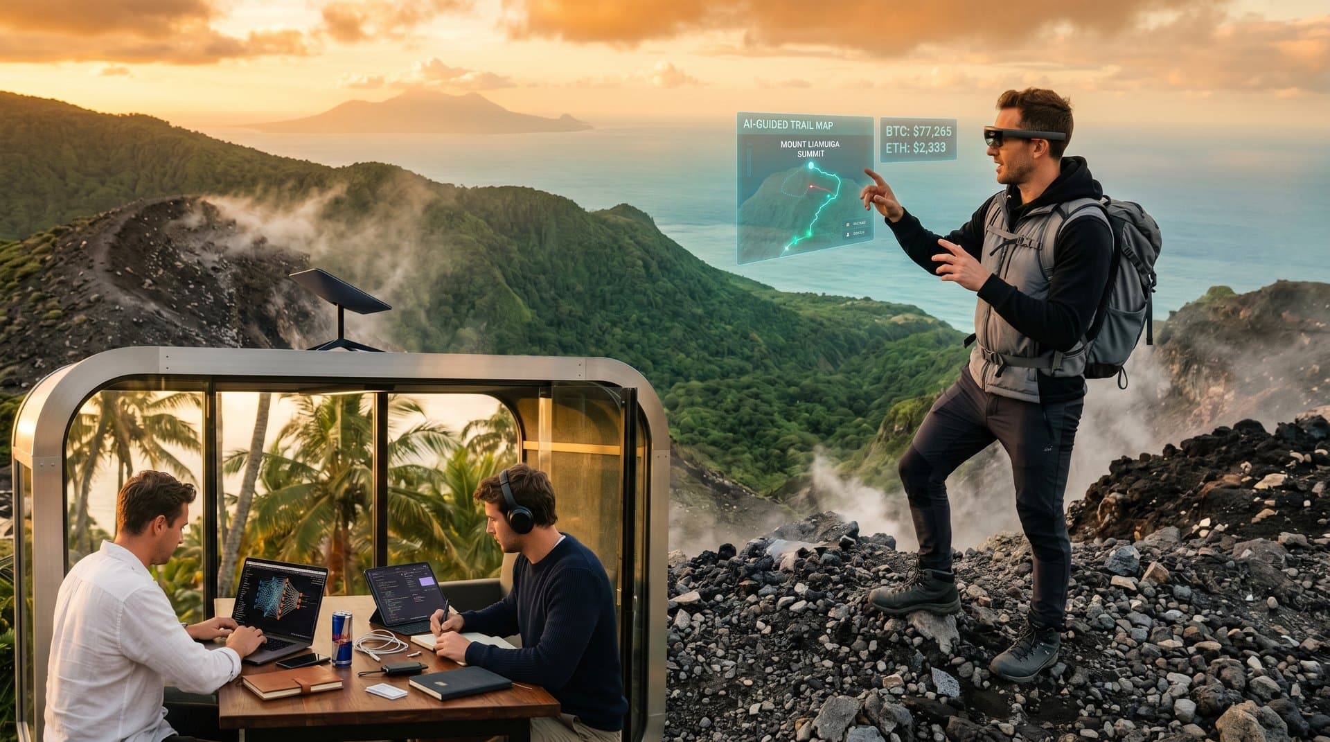 Digital nomad on St. Kitts volcano with AI glasses and Bitcoin charts, beach coworking in foreground