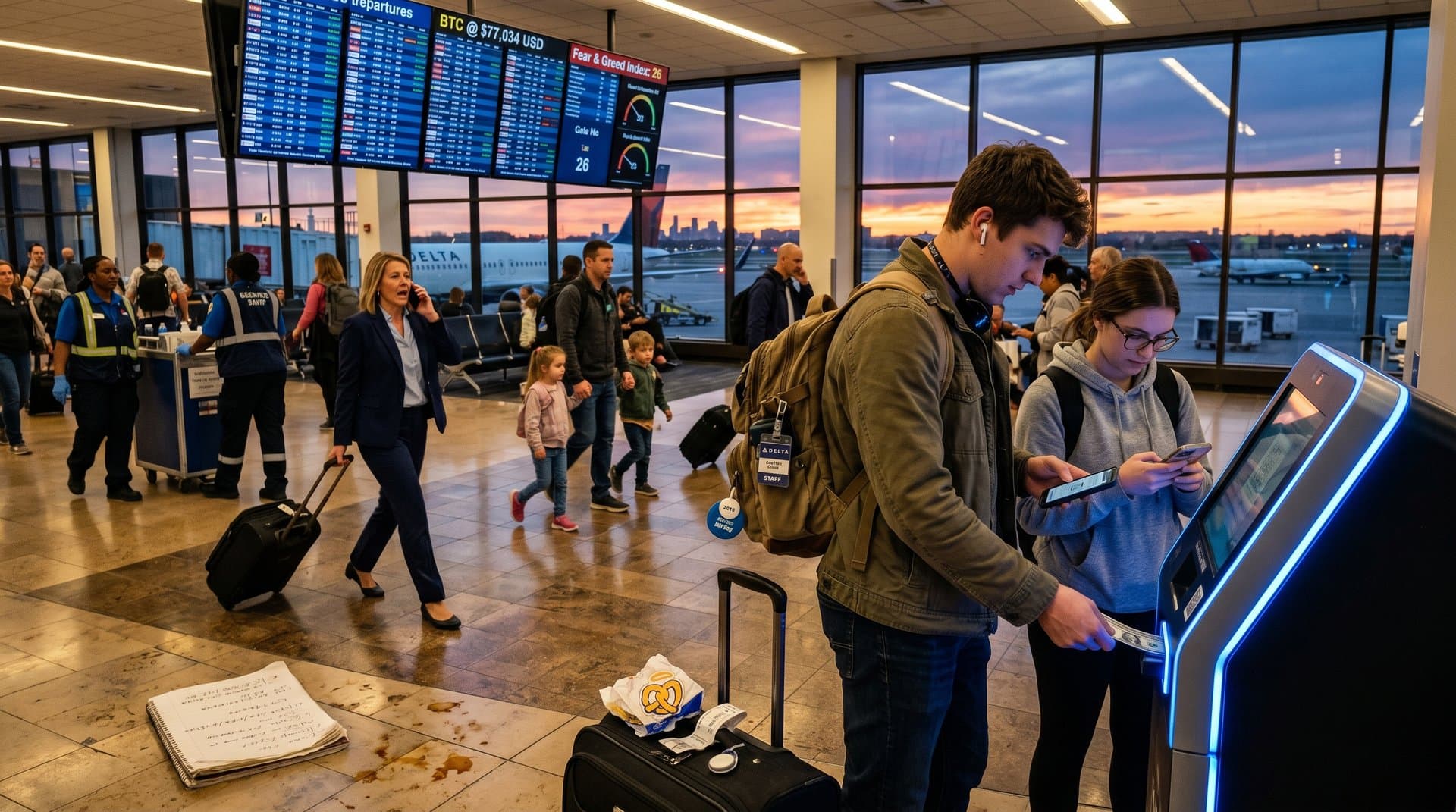 MSP airport terminal with crypto ATM kiosk, BTC charts at $77K, travelers converting cash amid travel bustle