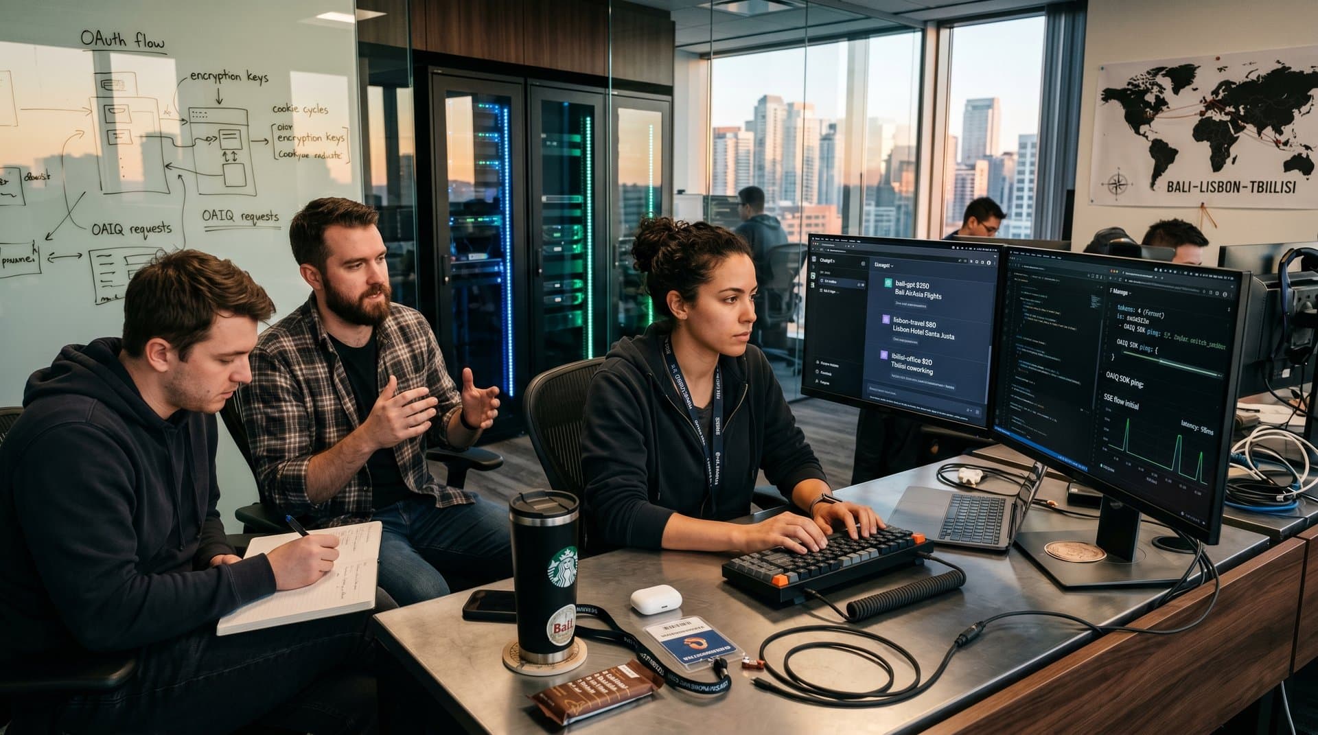 Monitors displaying ChatGPT ad streams and Fernet tokens in tech workspace with skyline view