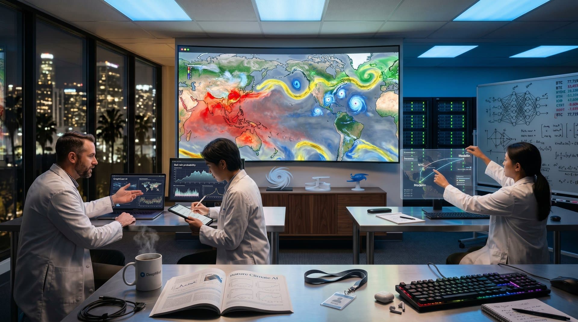High-tech lab screens display AI-generated global weather patterns and heatmaps amid workstations and data visualizations