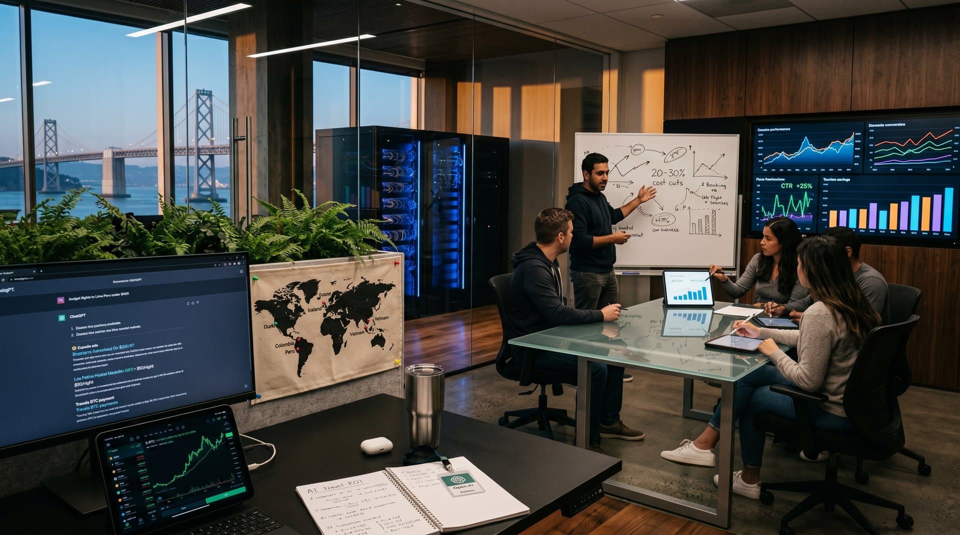 Futuristic OpenAI workspace with ChatGPT interface showcasing embedded travel ads, crypto charts, and booking metrics in a high-tech environment
