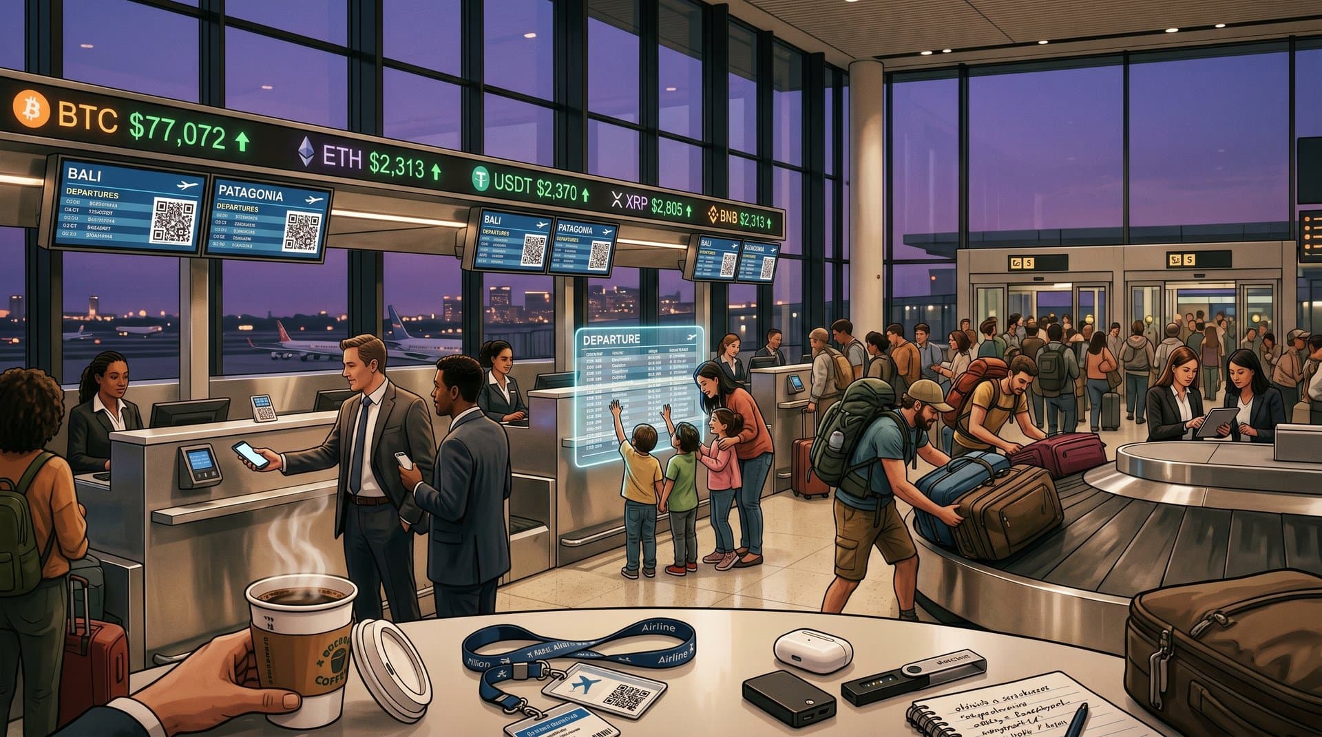 Airport counter screens show Forbes top 10 cryptocurrencies and airline bookings as traveler scans crypto QR code amid gates and flight boards.
