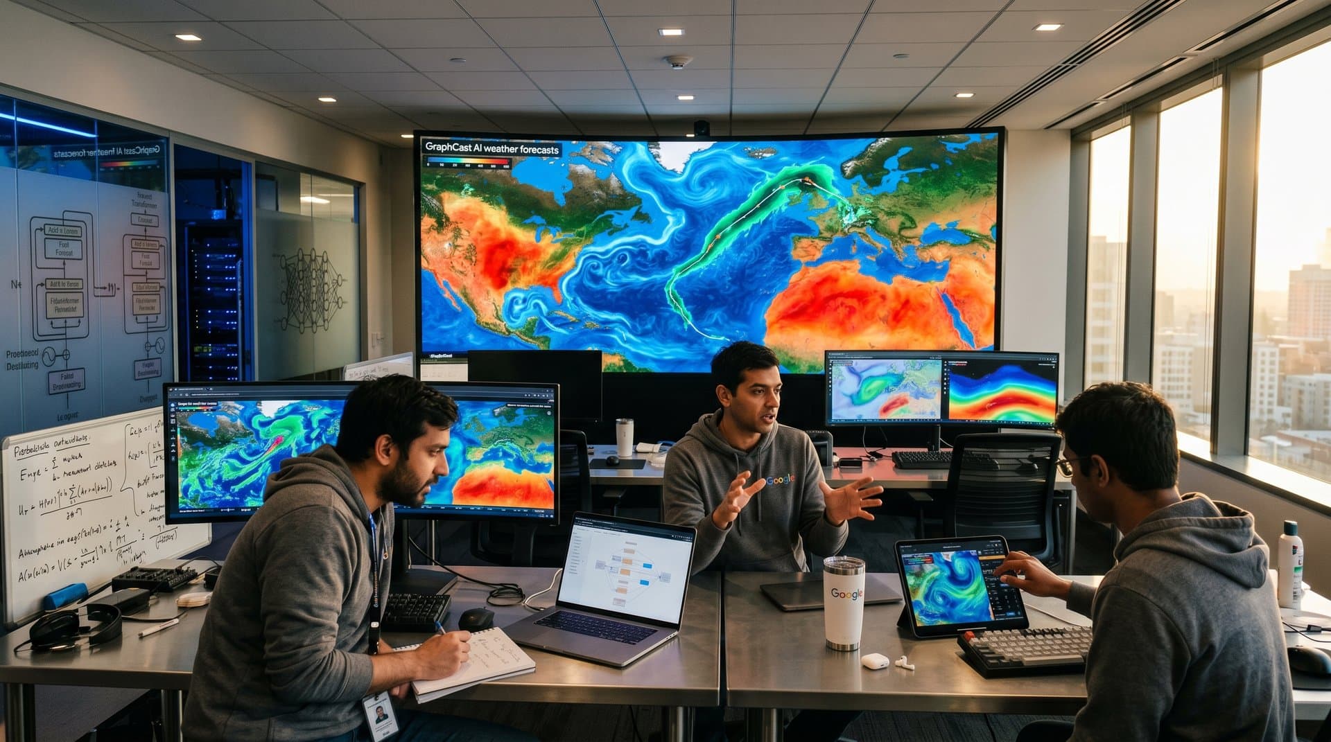 Futuristic GraphCast AI weather maps on curved video wall in high-tech lab with glowing data visualizations and server racks