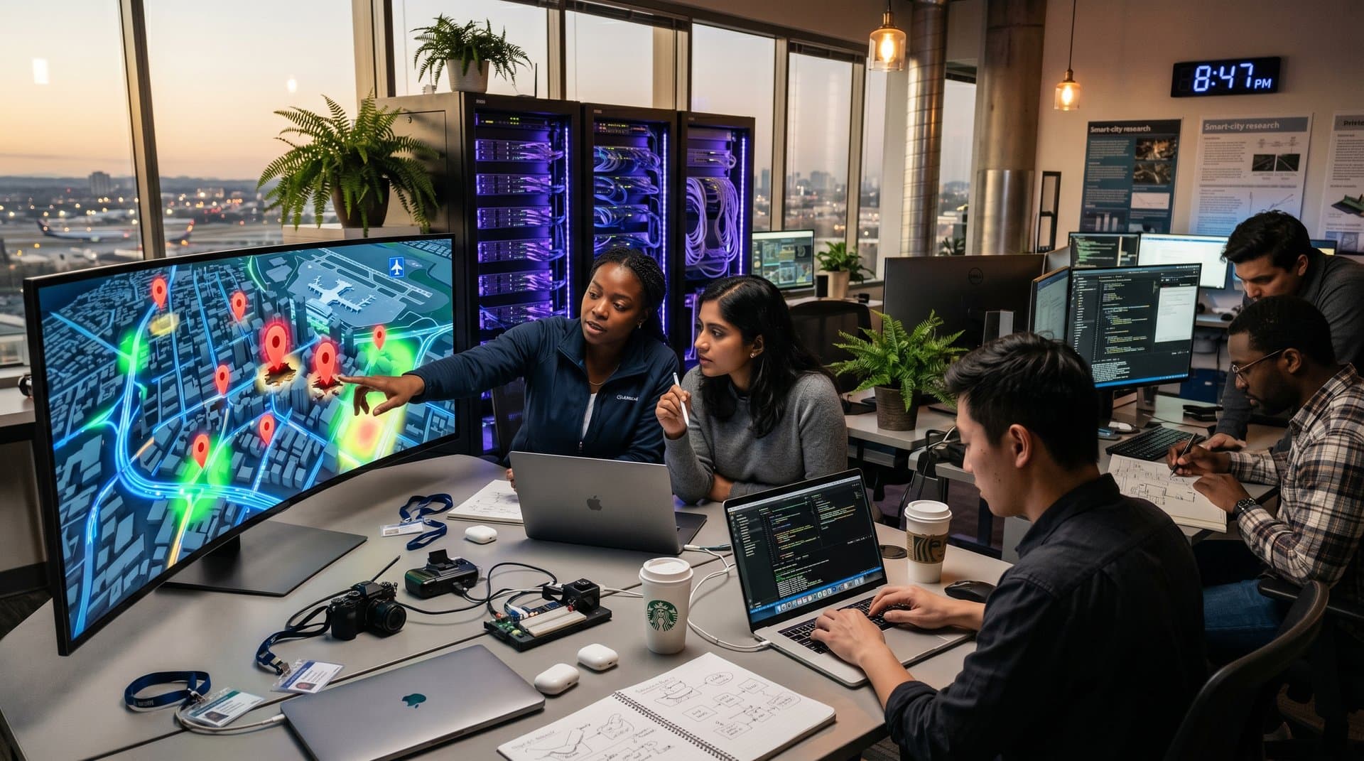 Tech team analyzes 3D city map highlighting potholes near airports in modern lab with servers and skyline view