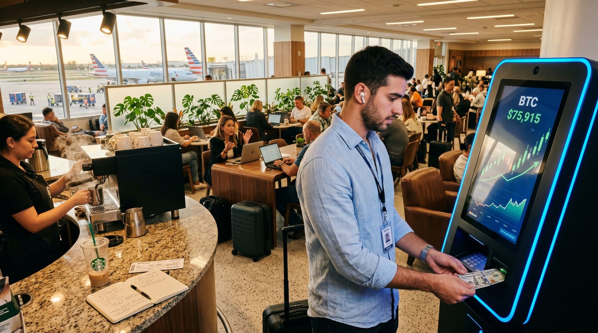 Bitcoin ATM kiosk in bustling airport lounge, travelers transact amid luxury seating and coffee bar