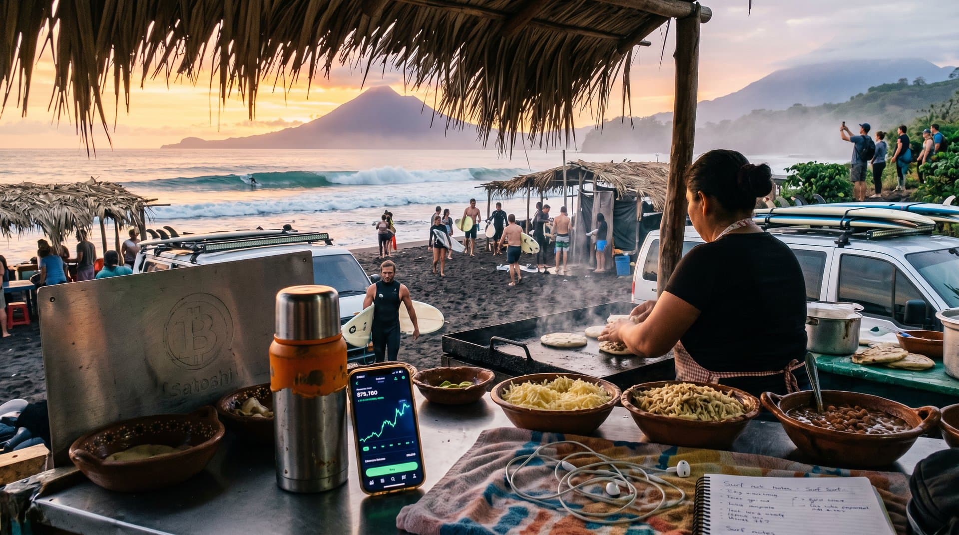 Surfer at Bitcoin Beach El Salvador with volcano backdrop and BTC wallet showing $75,780 price amid crypto adventure vibes