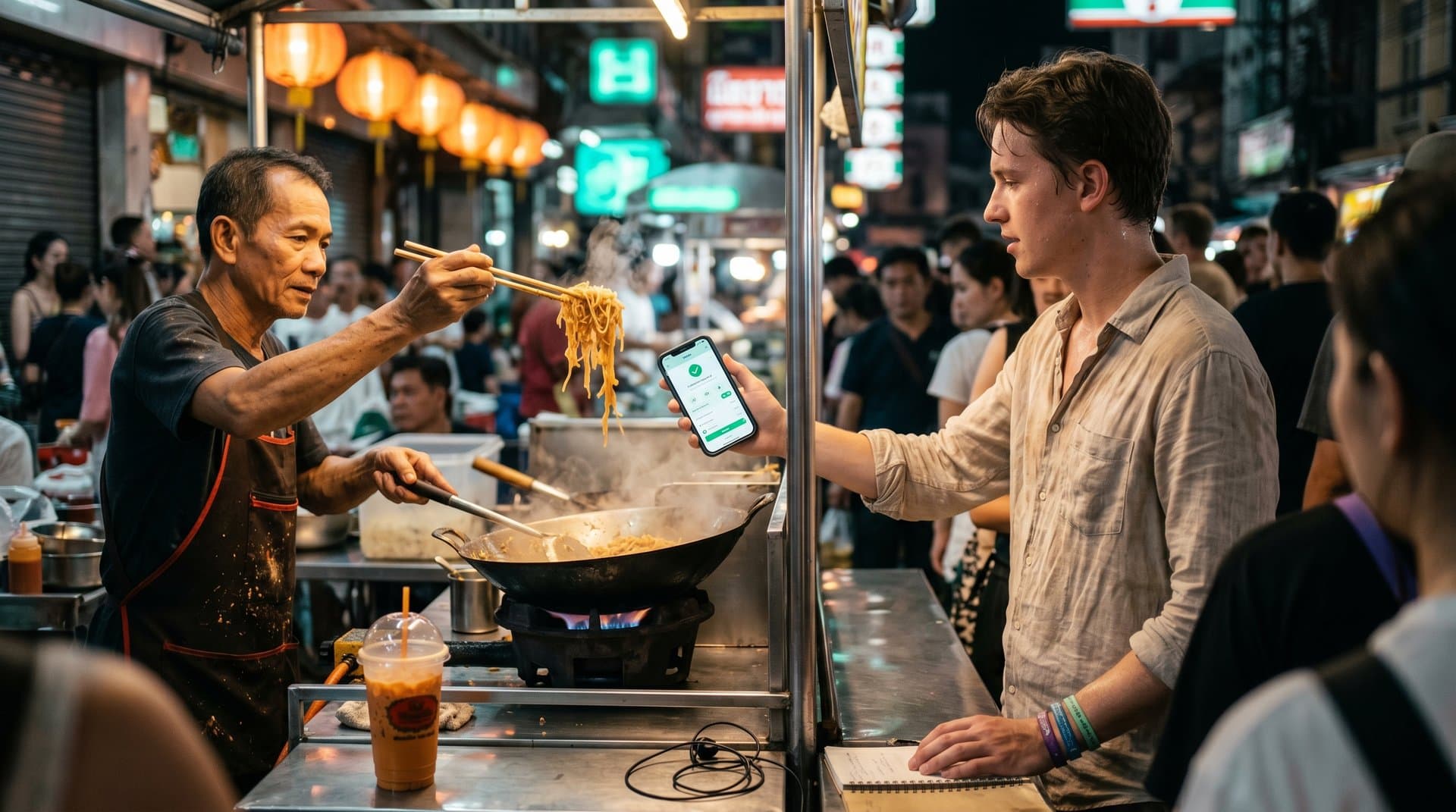 Traveler uses crypto wallet for instant payment at vibrant Bangkok market with blockchain compliance overlay