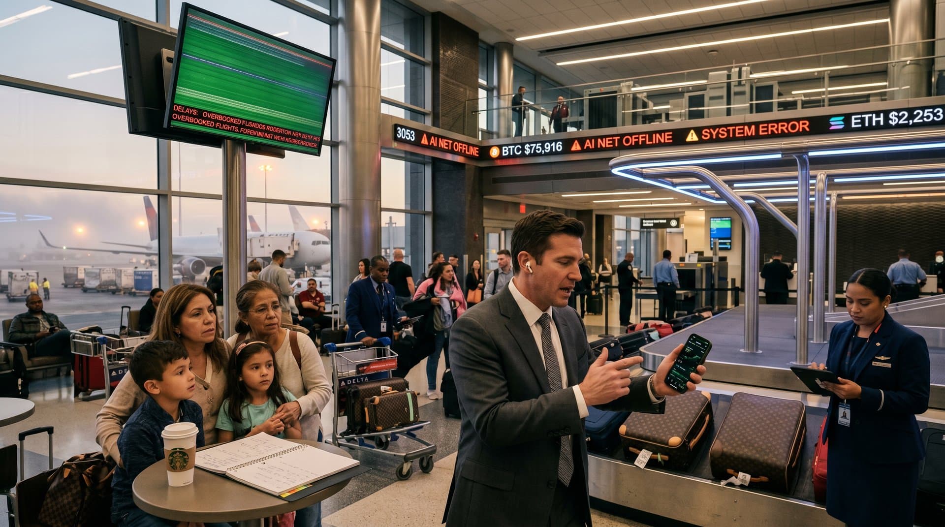 Airport baggage claim with glitching legacy screens and blockchain tracking apps amid supply chain chaos