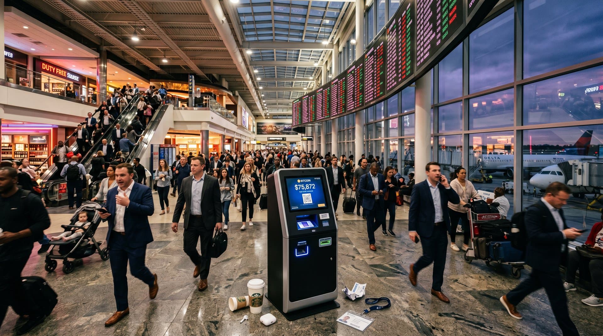 Airport terminal with glowing crypto kiosk displaying BTC prices amid rushing travelers and flight boards