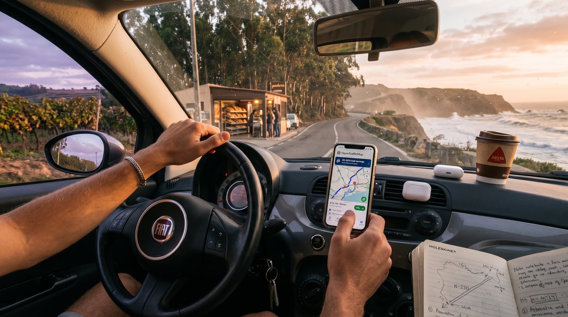 Portuguese backroad dashboard with OpenTrafficMap app showing real-time reroutes amid eucalyptus groves and Atlantic coast