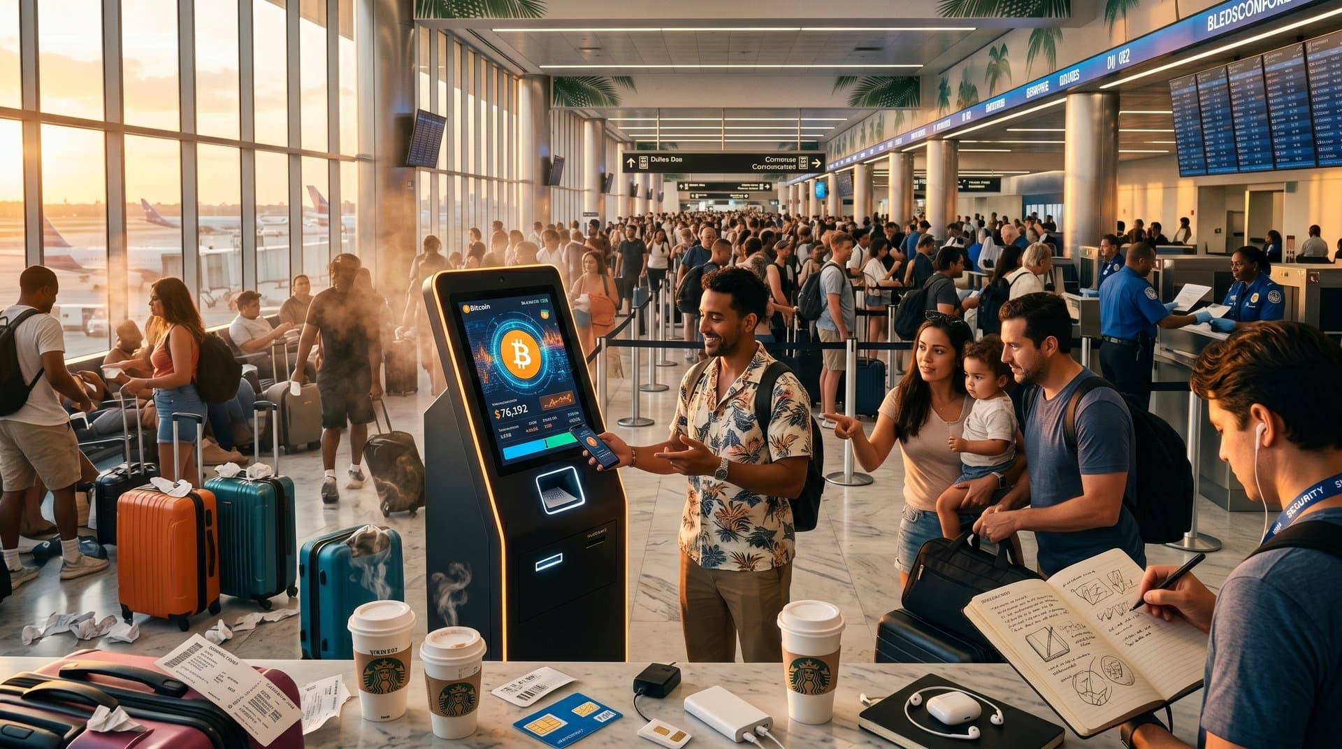 Airport terminal with crypto kiosk displaying BTC at $76K amid travelers and resort signs in vibrant travel tech scene
