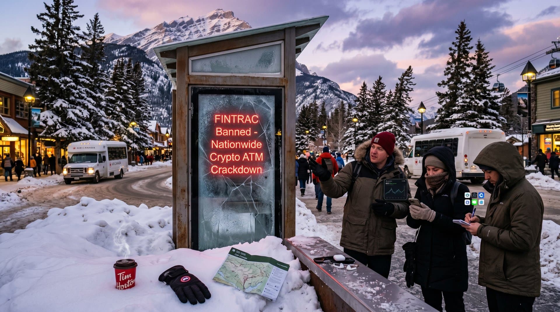Shuttered crypto ATM in snowy Banff street with BTC chart overlay and Rocky Mountains