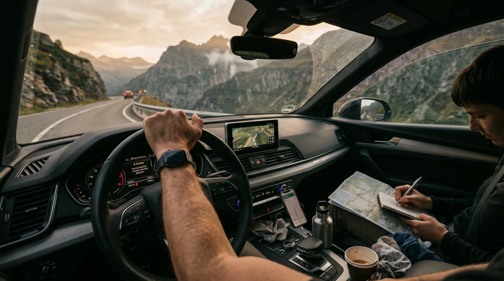 Dashboard displaying OpenTrafficMap AI routes on scenic mountain road trip with fuel savings graph