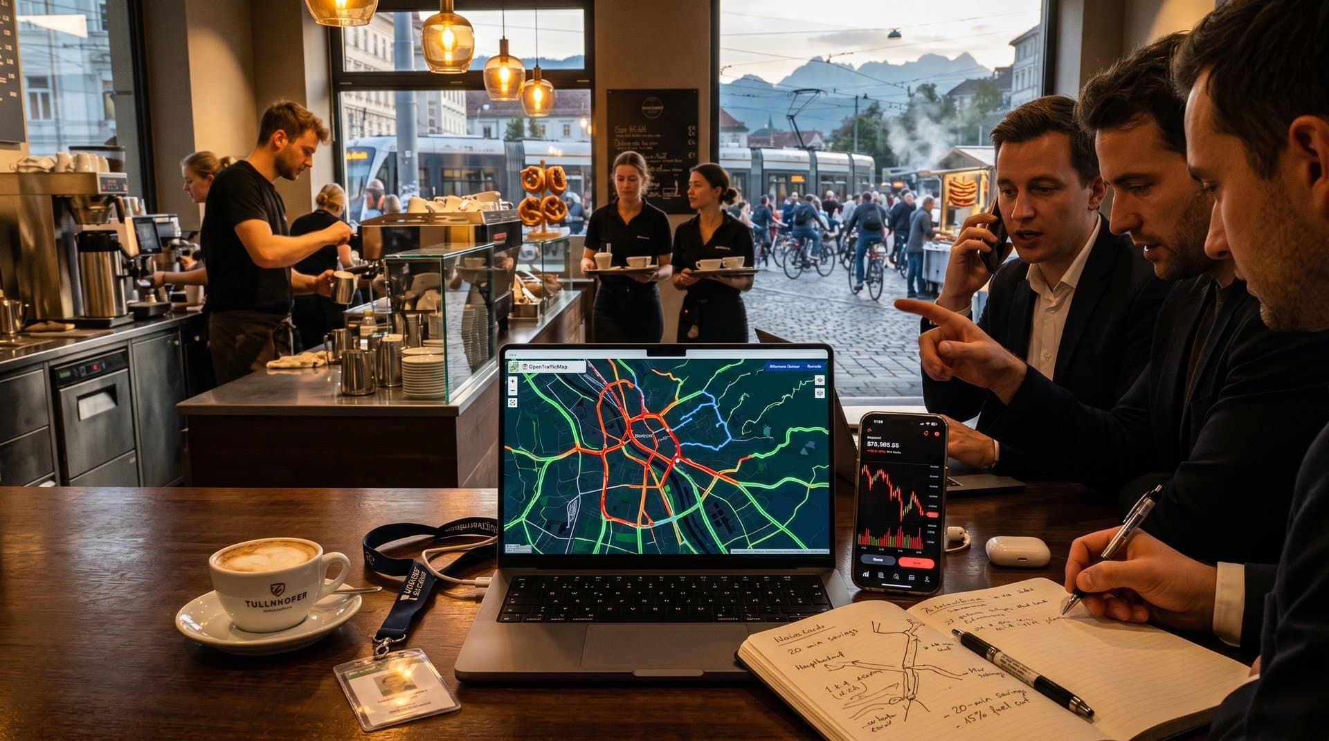 Laptop with OpenTrafficMap Graz traffic, BTC chart in cafe overlooking trams