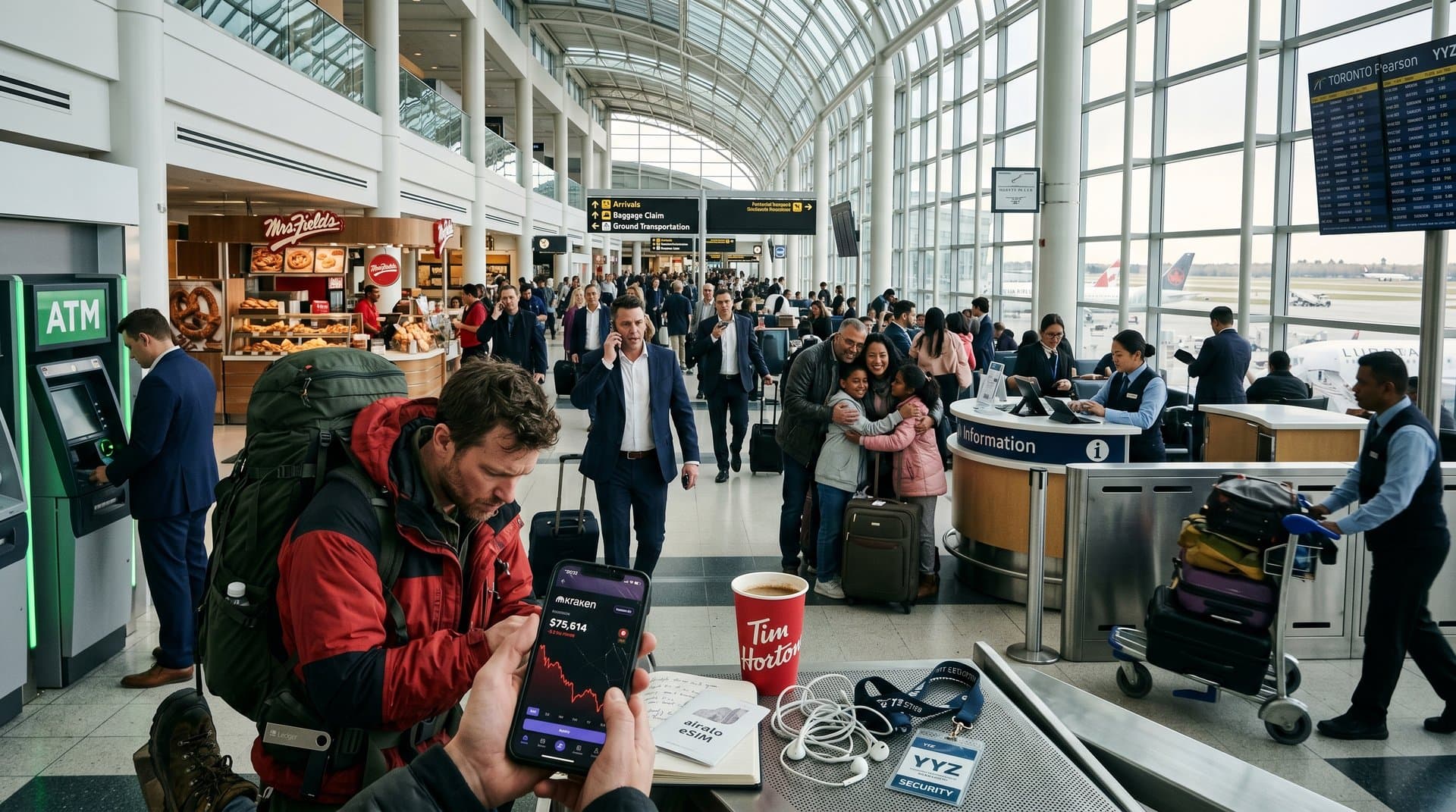 Toronto Pearson Airport terminal with crypto ATM alternatives and BTC price screens amid travelers
