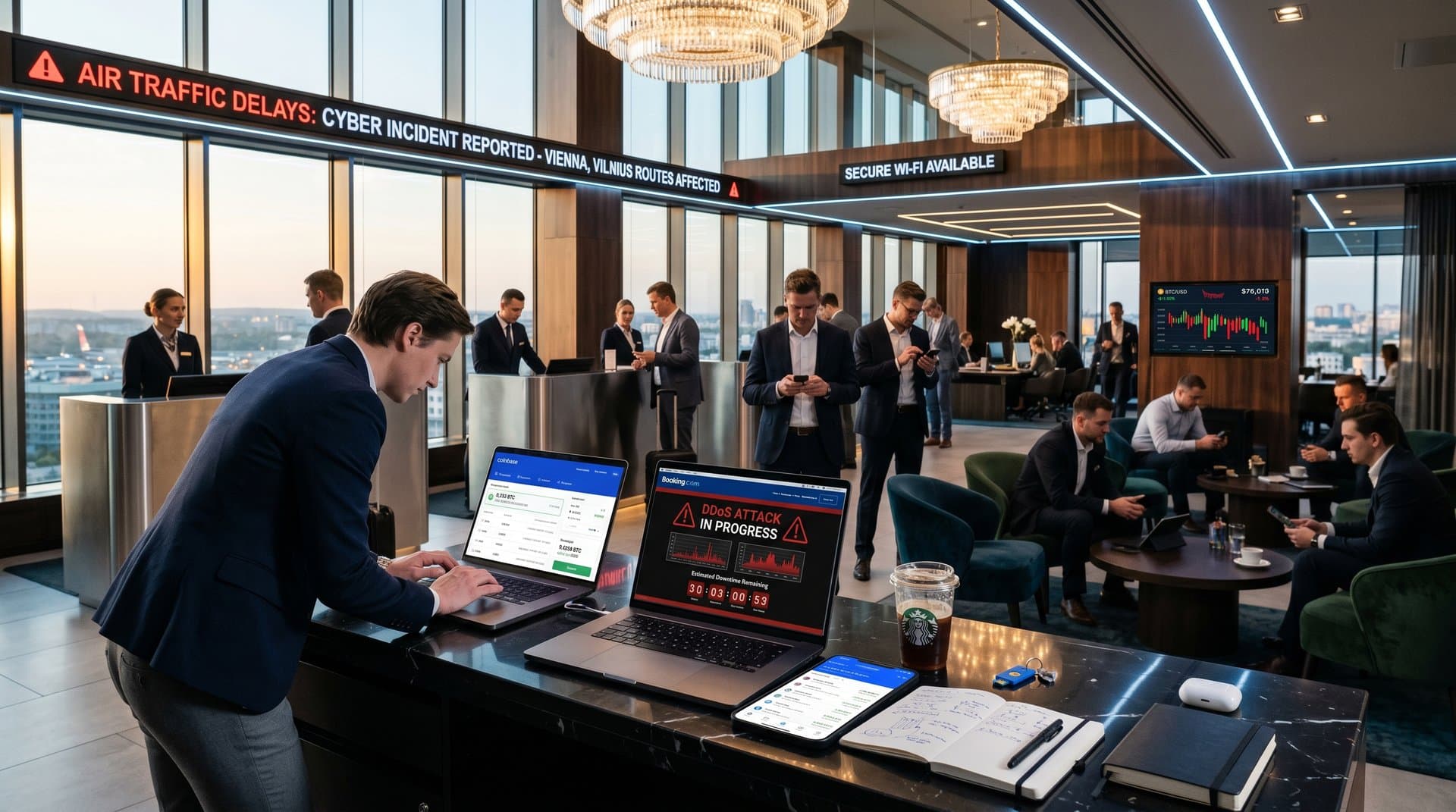 Hotel lobby with laptop showing DDoS alert on booking site, crypto wallet, and cyber threat elements