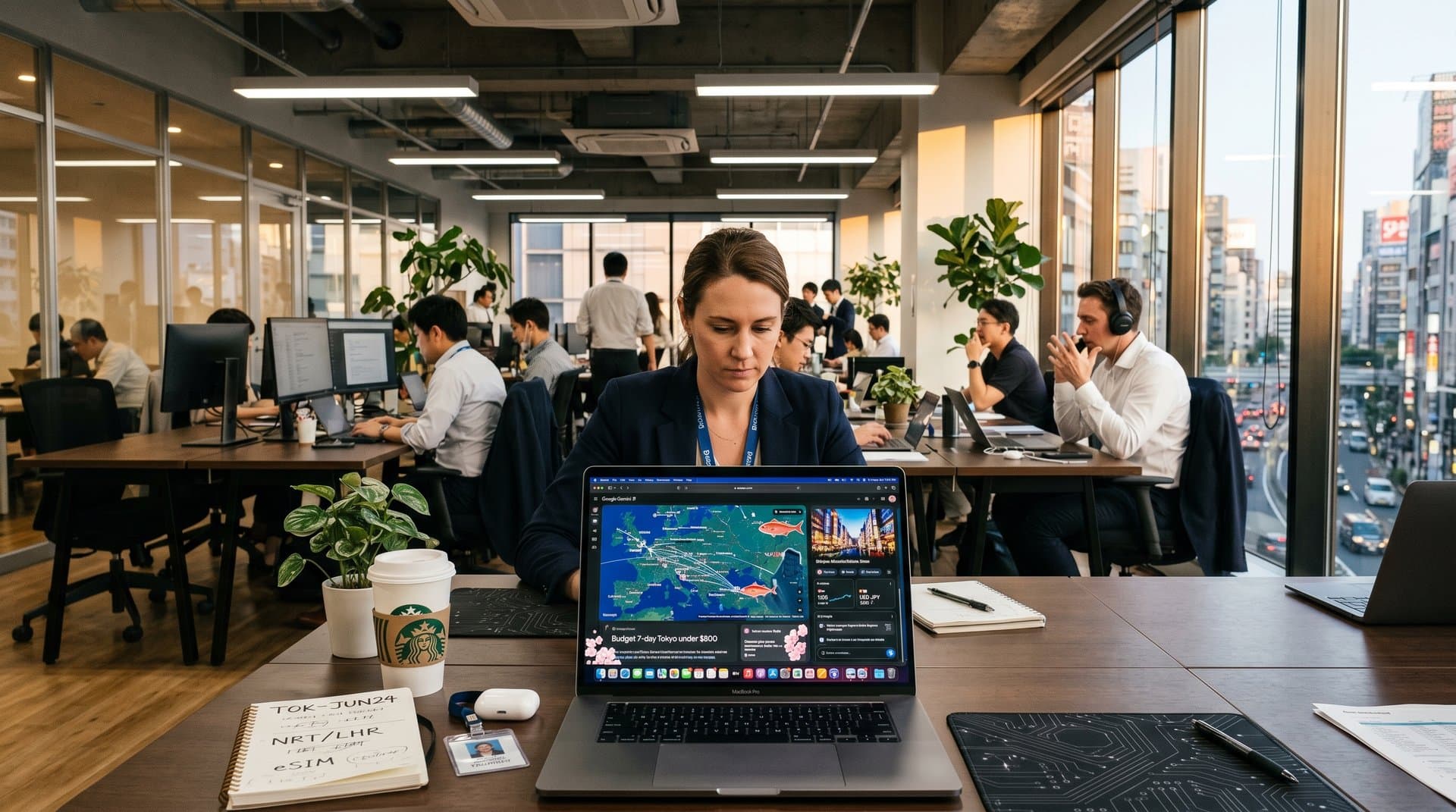 Google Gemini AI interface mapping $785 Tokyo trip with flights, hotels, neon cityscape, and budget charts on digital screen