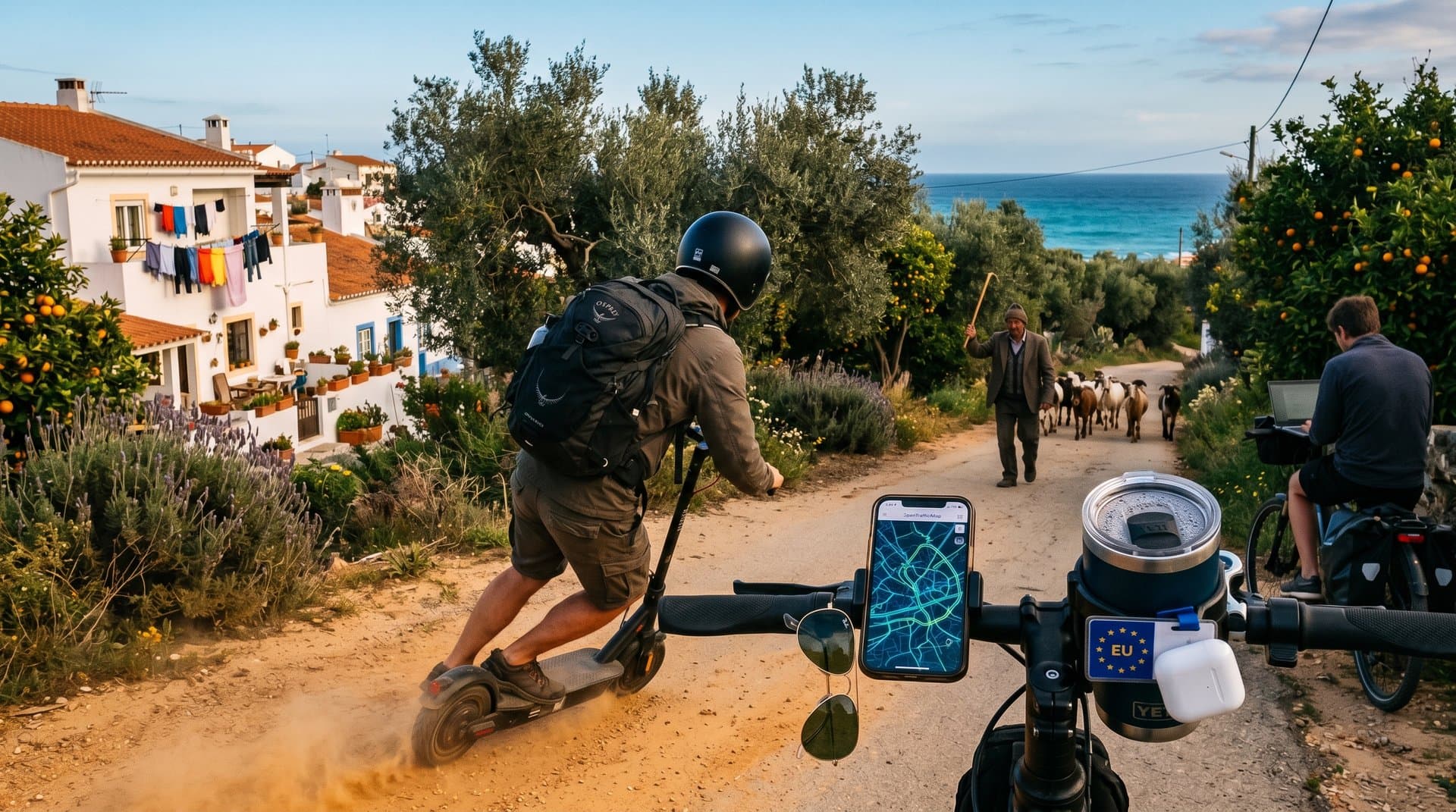 Digital nomad on scooter views OpenTrafficMap on phone amid Algarve olive groves and ocean horizon