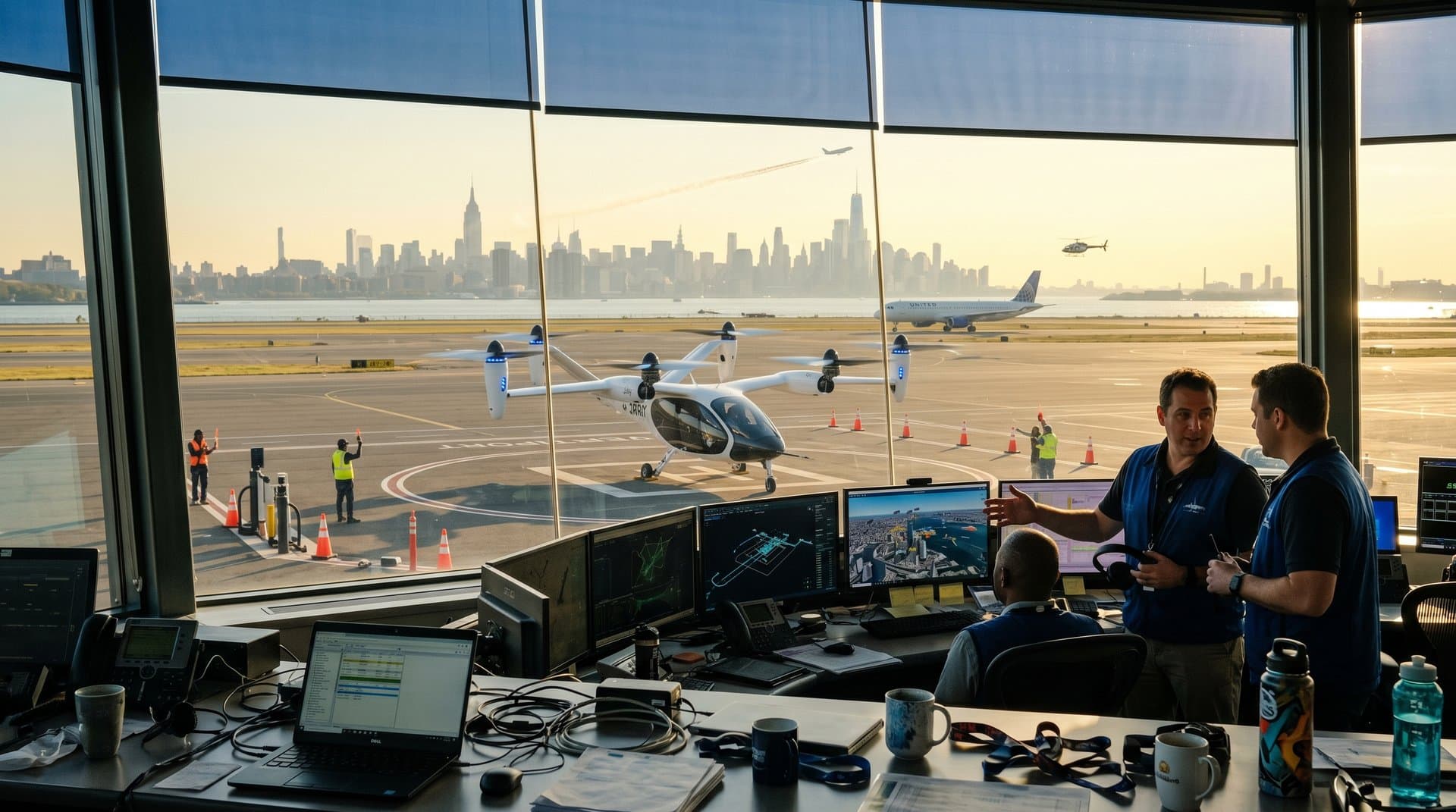 JFK control center monitors Joby eVTOL NYC takeoff on tarmac through glass walls amid multi-screen flight data, Manhattan skyline, and tech displays