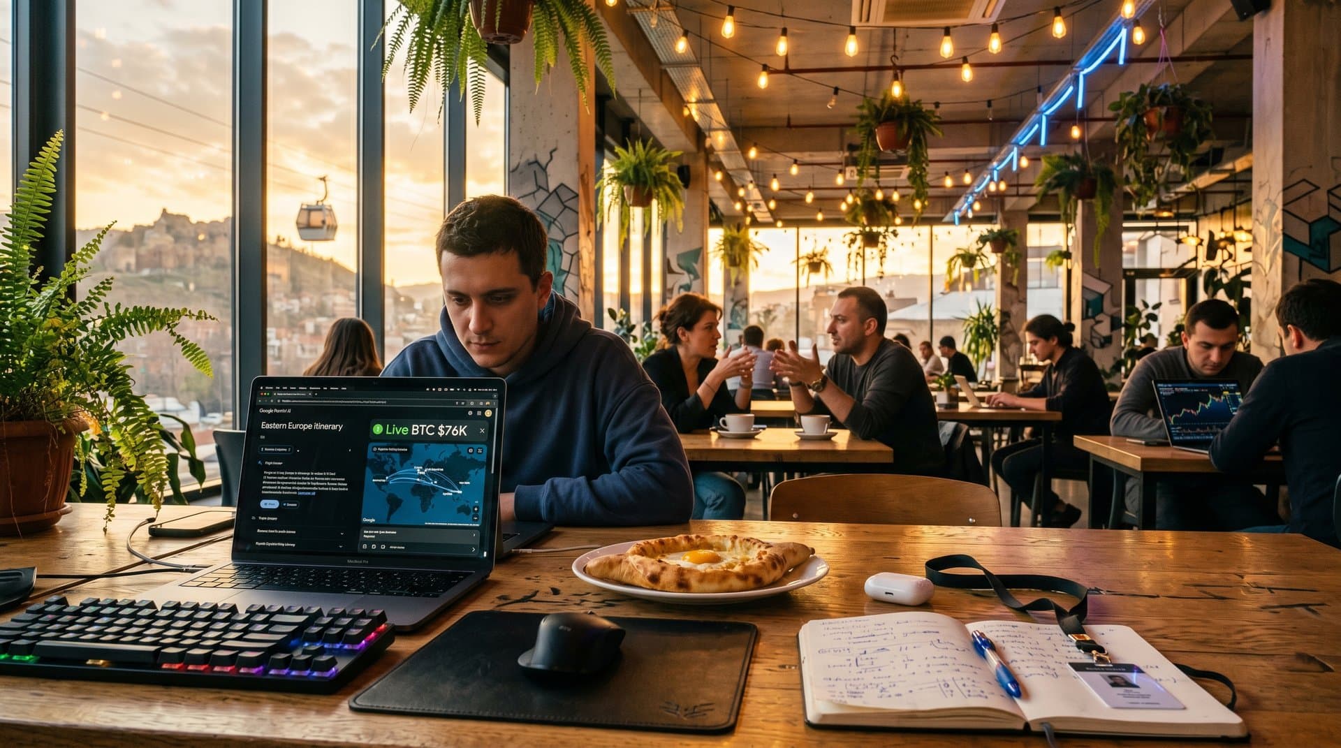 Google Gemini AI itinerary on laptop in Tbilisi Fabrika with khachapuri and Narikala cable car view