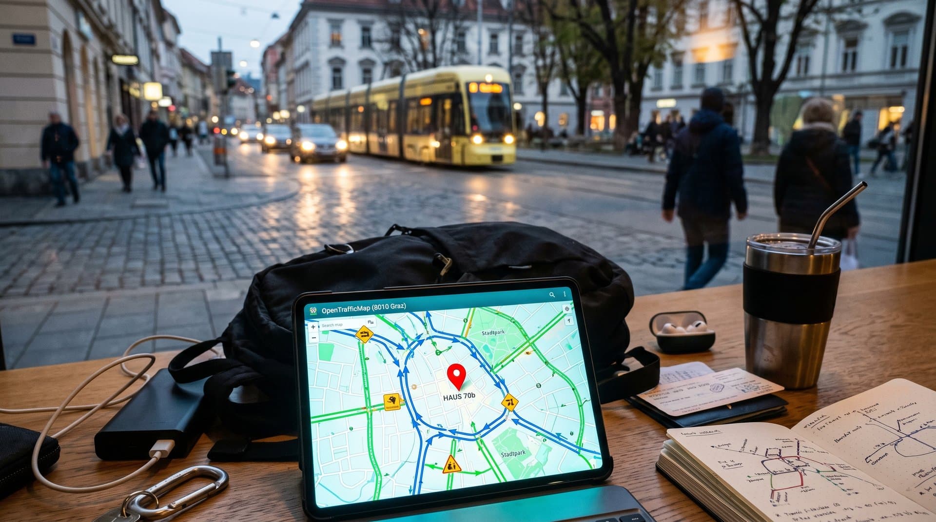 OpenTrafficMap smartphone screen showing traffic-optimized routes to house 70b in Graz 8010