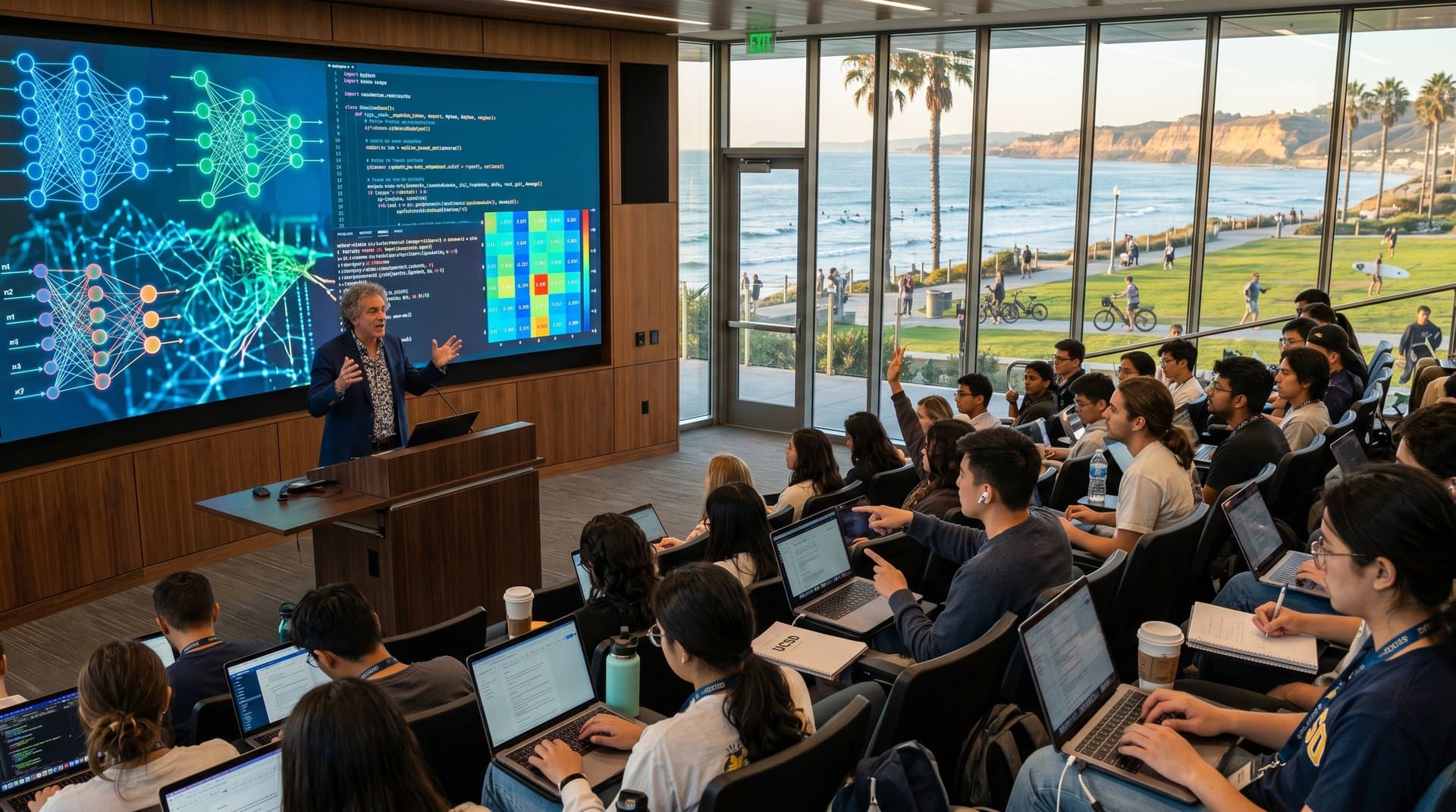 UC San Diego AI class with ocean view, students coding near La Jolla beach