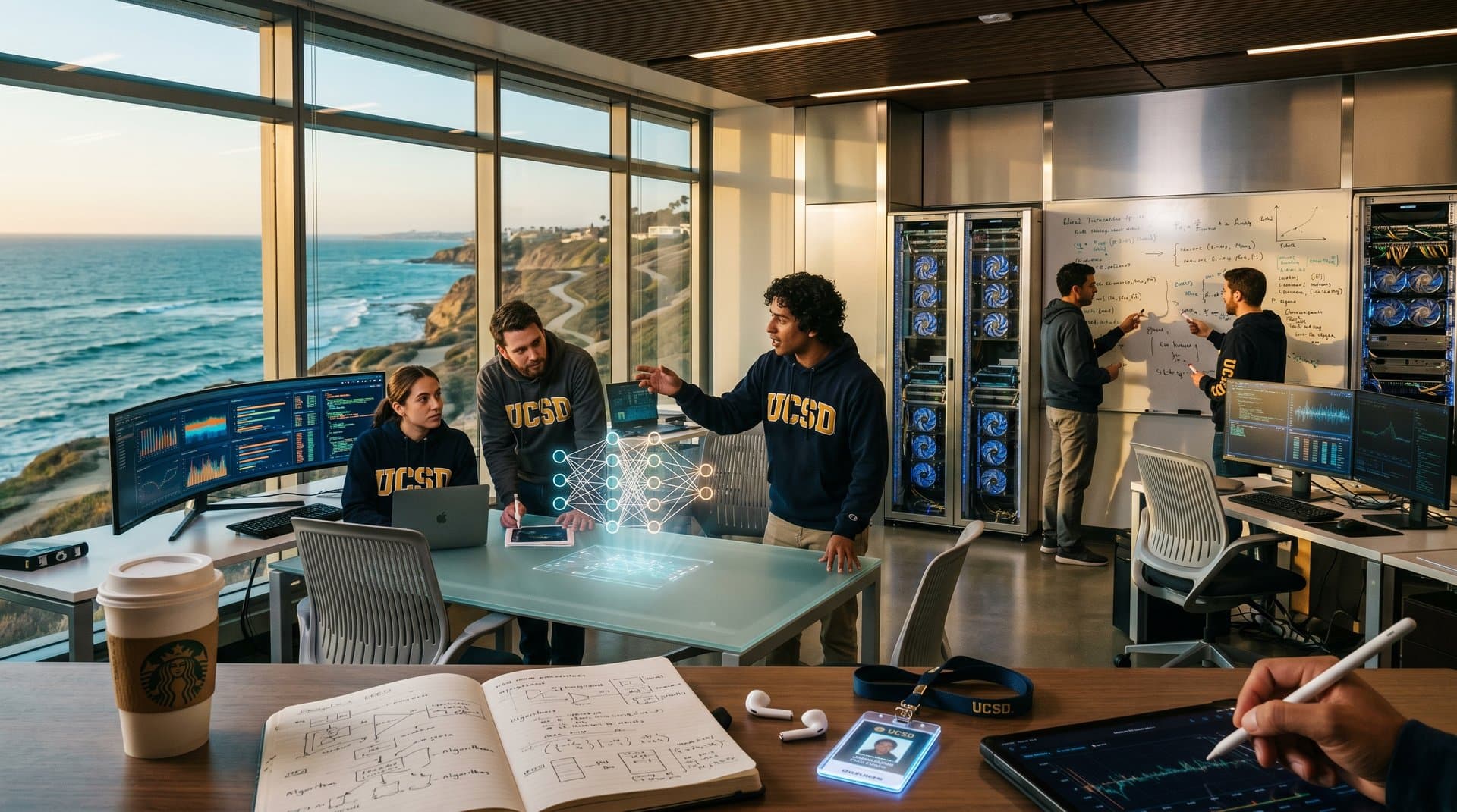 UCSD AI lab on sunny campus with ocean views, glowing neural networks on screens, holographic models, and coastal trails outside blending tech and adventure