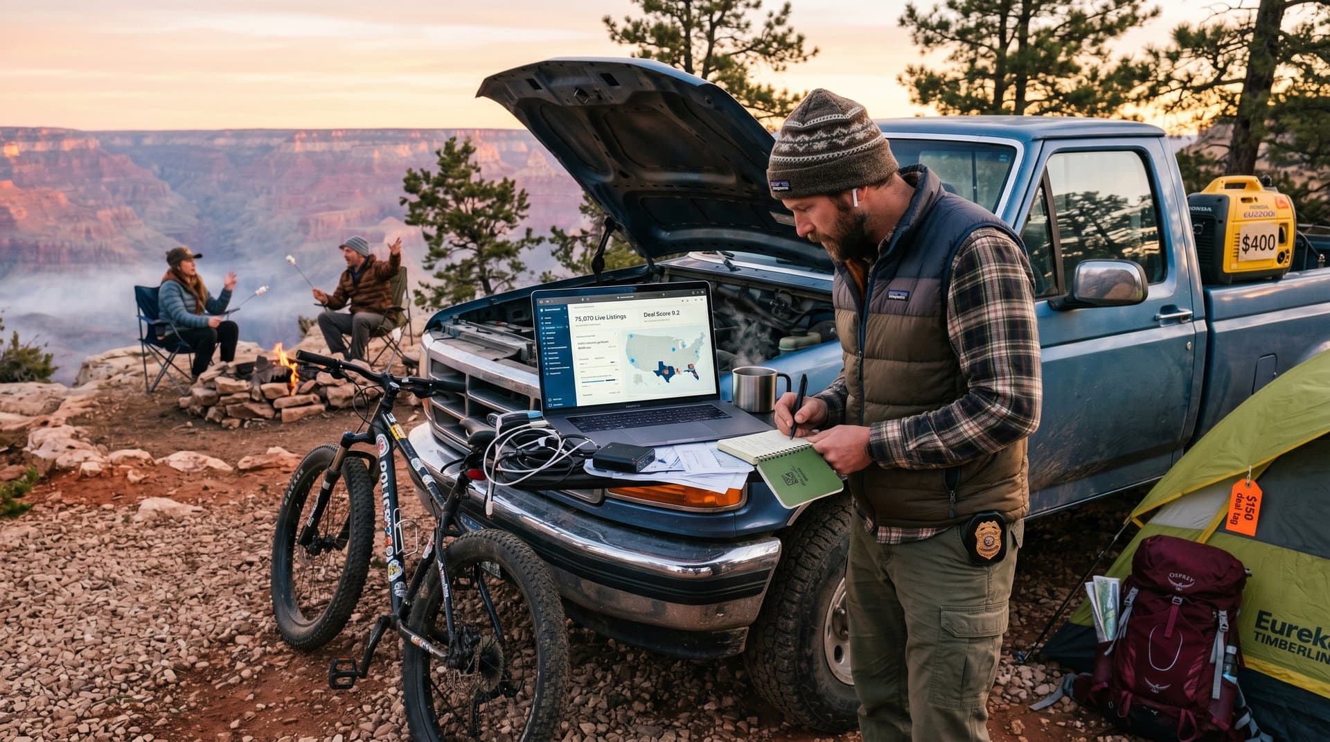 Pickup truck at national park overlook with laptop showing BidProwl US government auction listings and Deal Scores amid adventure gear