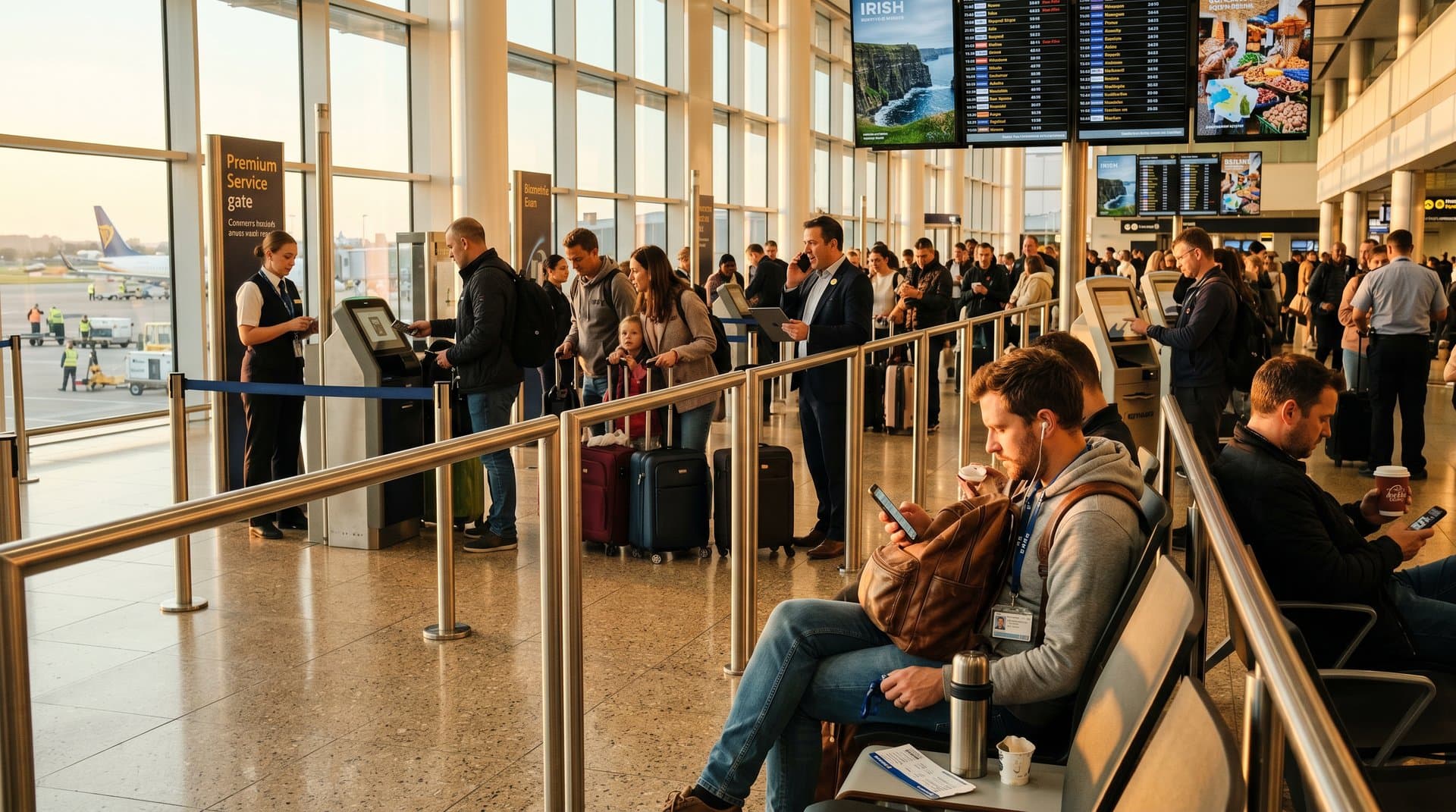 Traveler at airport uses AI genealogy app for budget heritage flight to ancestral homeland amid bustling Ryanair gate