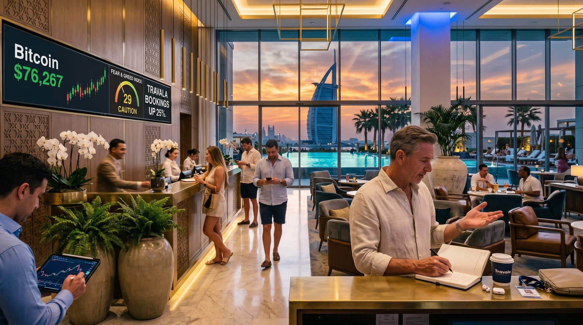 Dubai hotel lobby shows Bitcoin $76K price on screens during crypto check-in with Burj Al Arab view