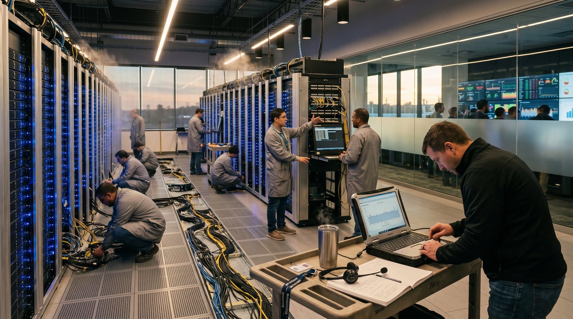 High-tech server racks and cooling systems glowing in a modern Ashburn data center amid energy-intensive AI operations
