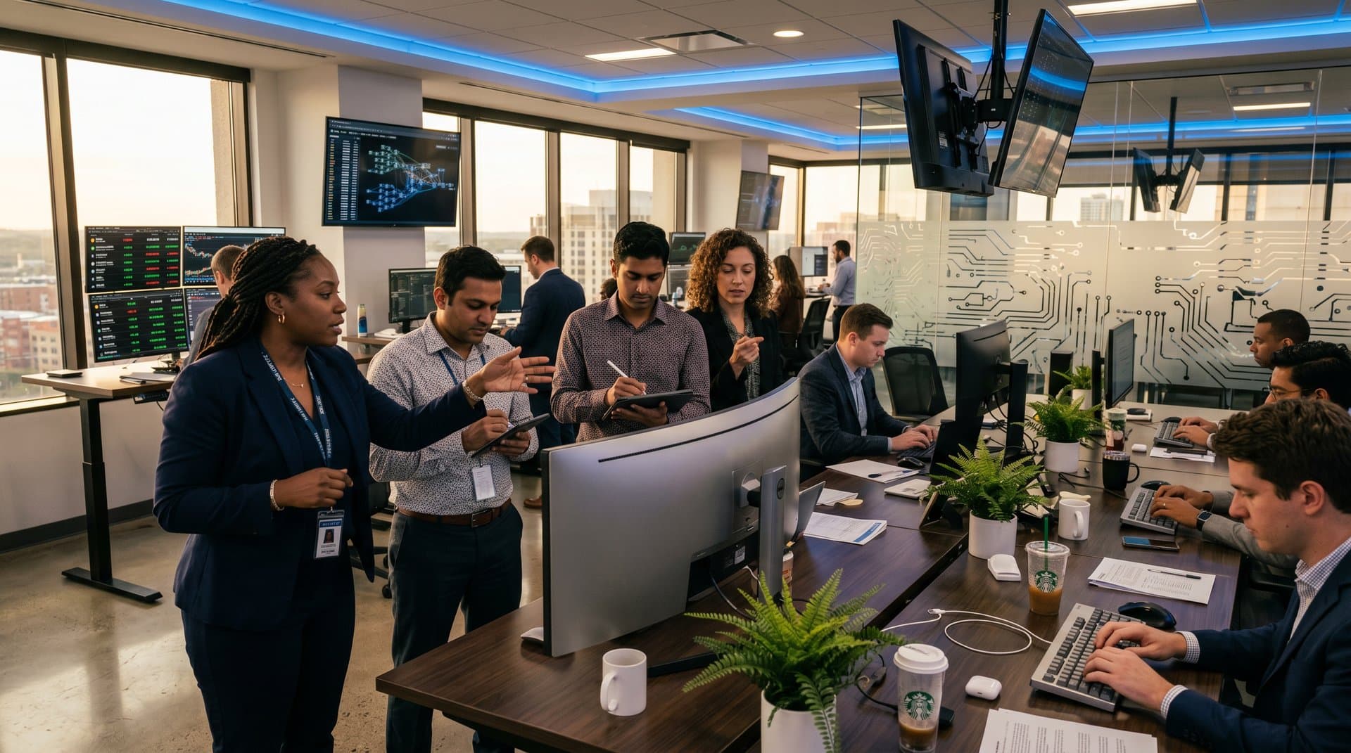 AI screens show family trees turning into heritage road trip maps with crypto charts in tech office