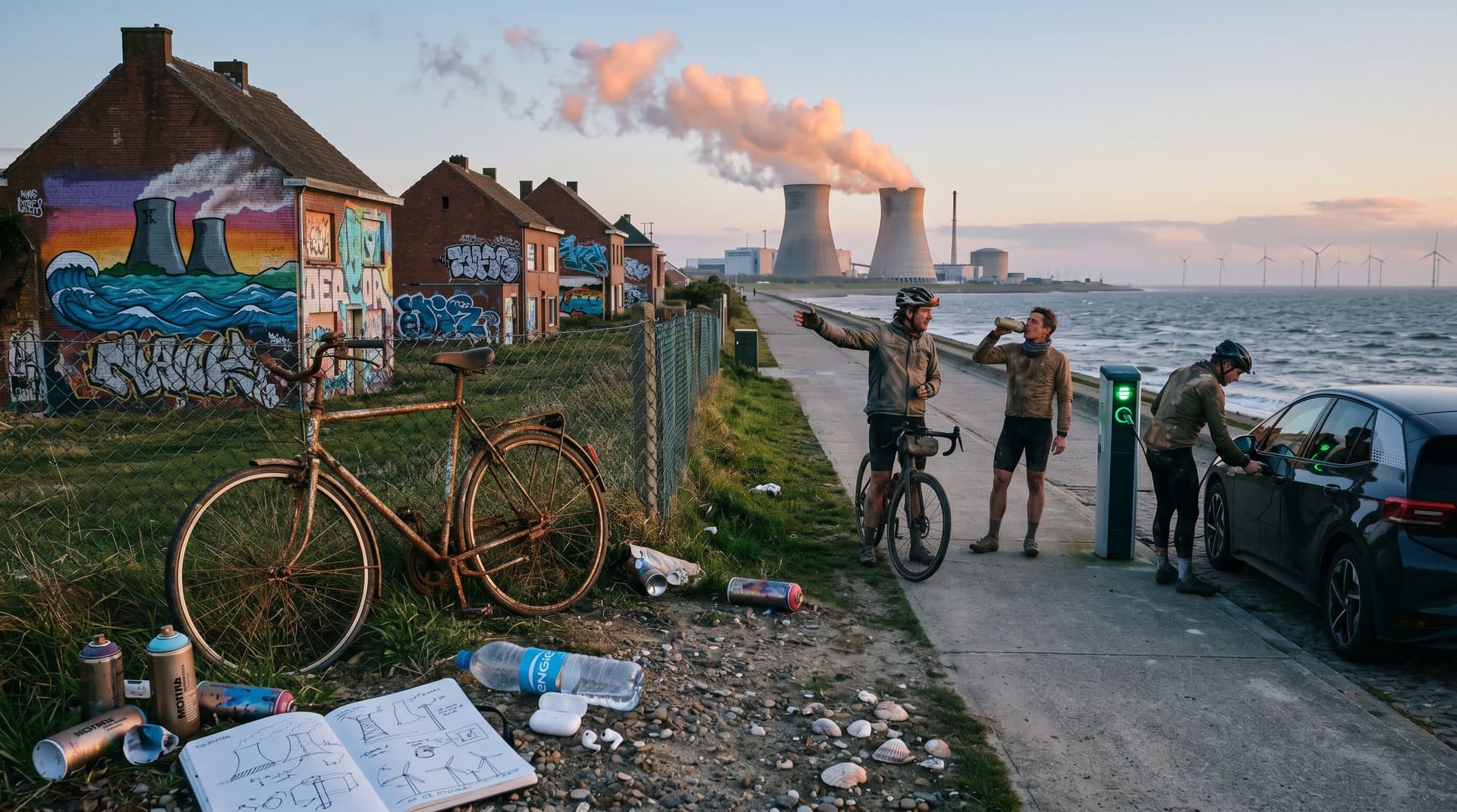 Dusk scene of Doel village graffiti and cyclists near ENGIE nuclear cooling towers with EV charger on coastal path