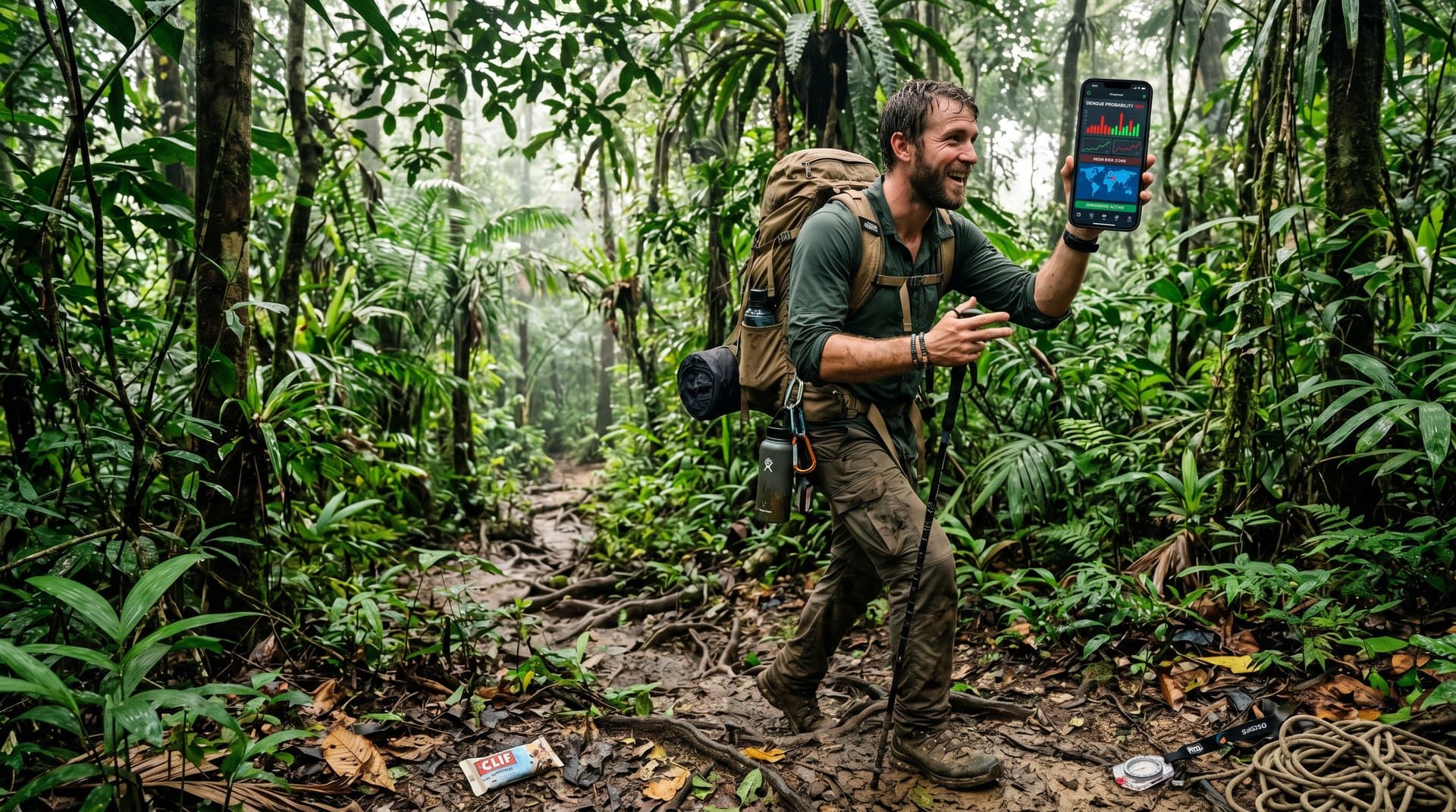 Adventure traveler in tropical jungle uses smartphone AI diagnostic app amid foliage and gear