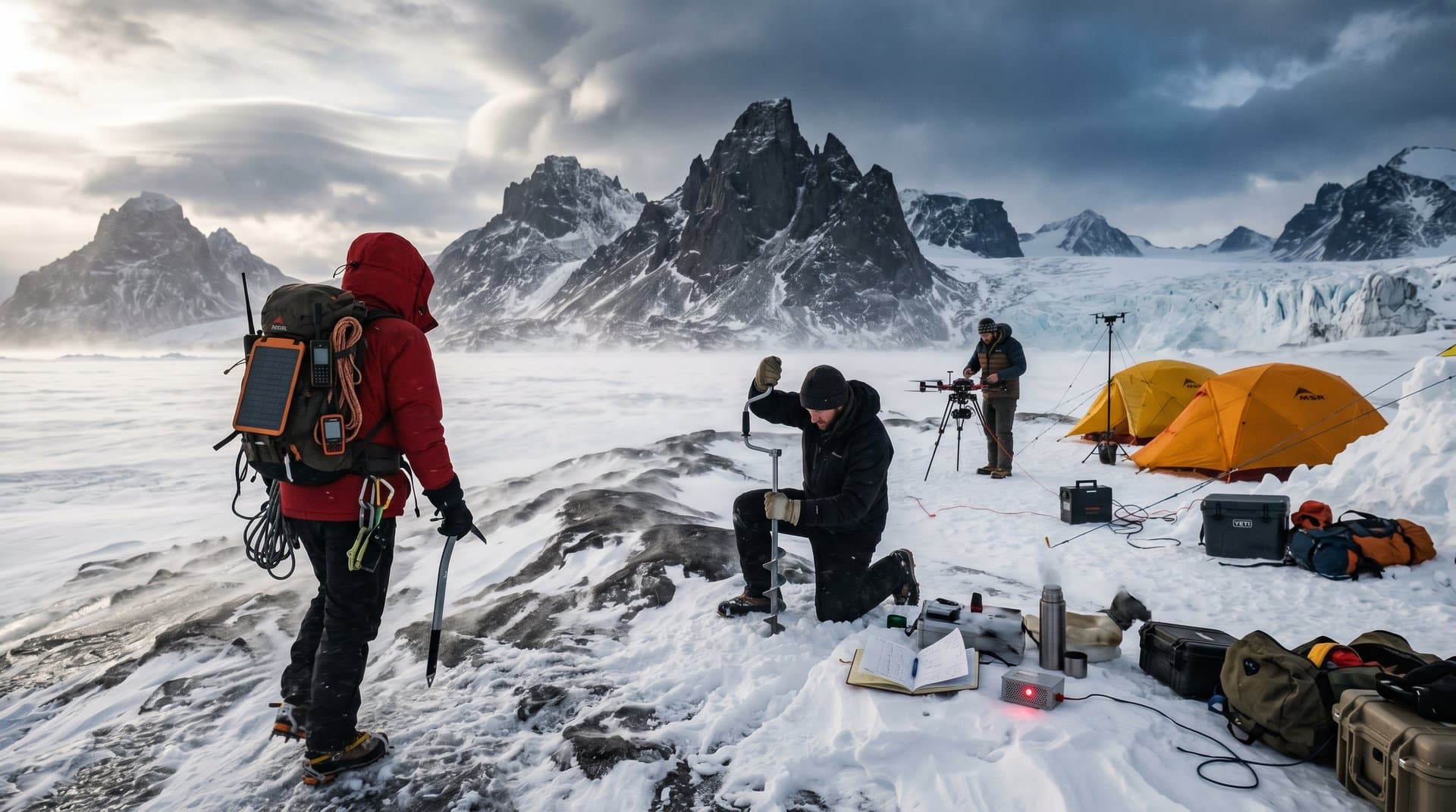 High Arctic trekker navigates Franklin LIP remnants in Nunavut squall, mirroring Snowball Earth climate cycle extremes.
