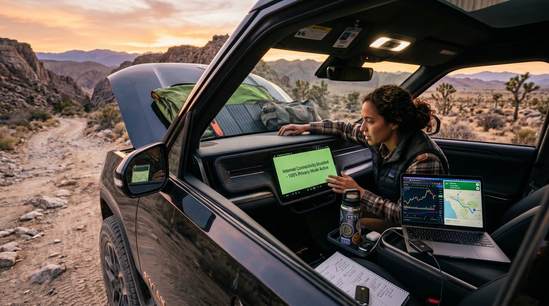 Rivian R1T EV on mountain road with internet connectivity disable activated on dashboard screen