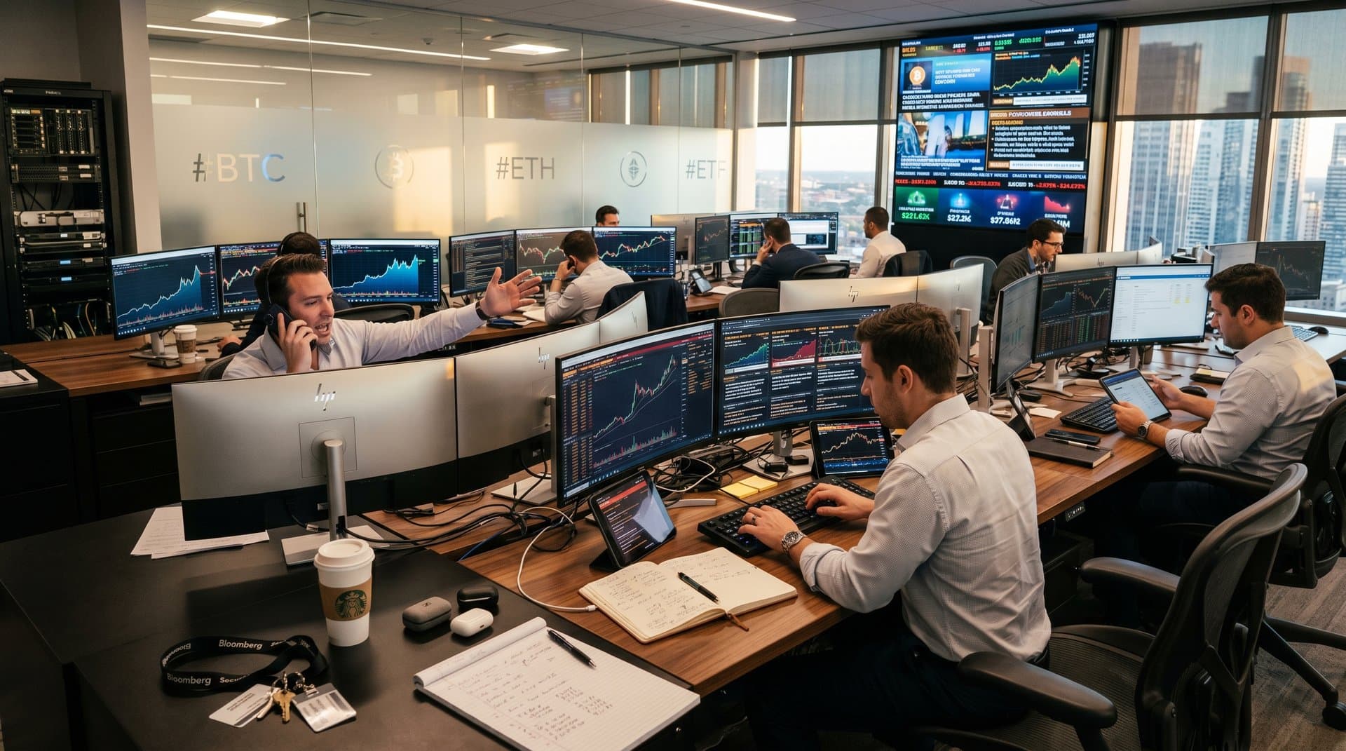 Trading desk monitors show BTC at $77K and crypto crime gap headlines amid high-tech finance office setup