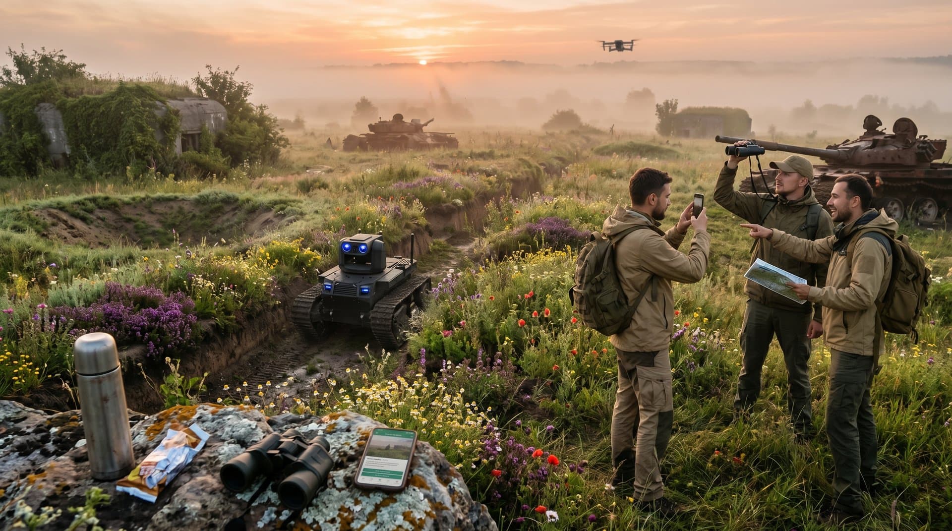 Autonomous robot patrols Ukraine battlefield at dawn, tourists safely view from hill amid ruins and wildflowers