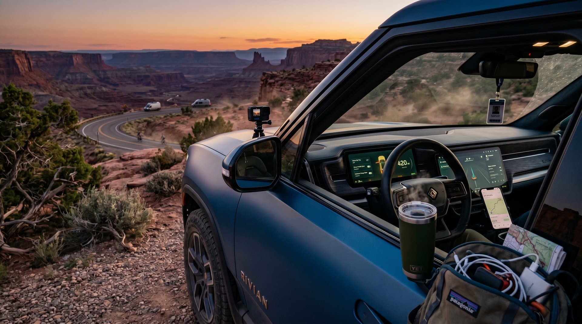 Rivian R1T EV on Utah overlook with vehicle data opt-out dashboard, crypto app, and secure road trip scene (92 chars)