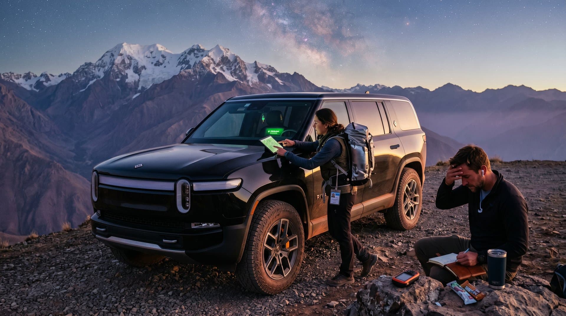 Rivian SUV on Andean ridge with dashboard privacy controls at dusk