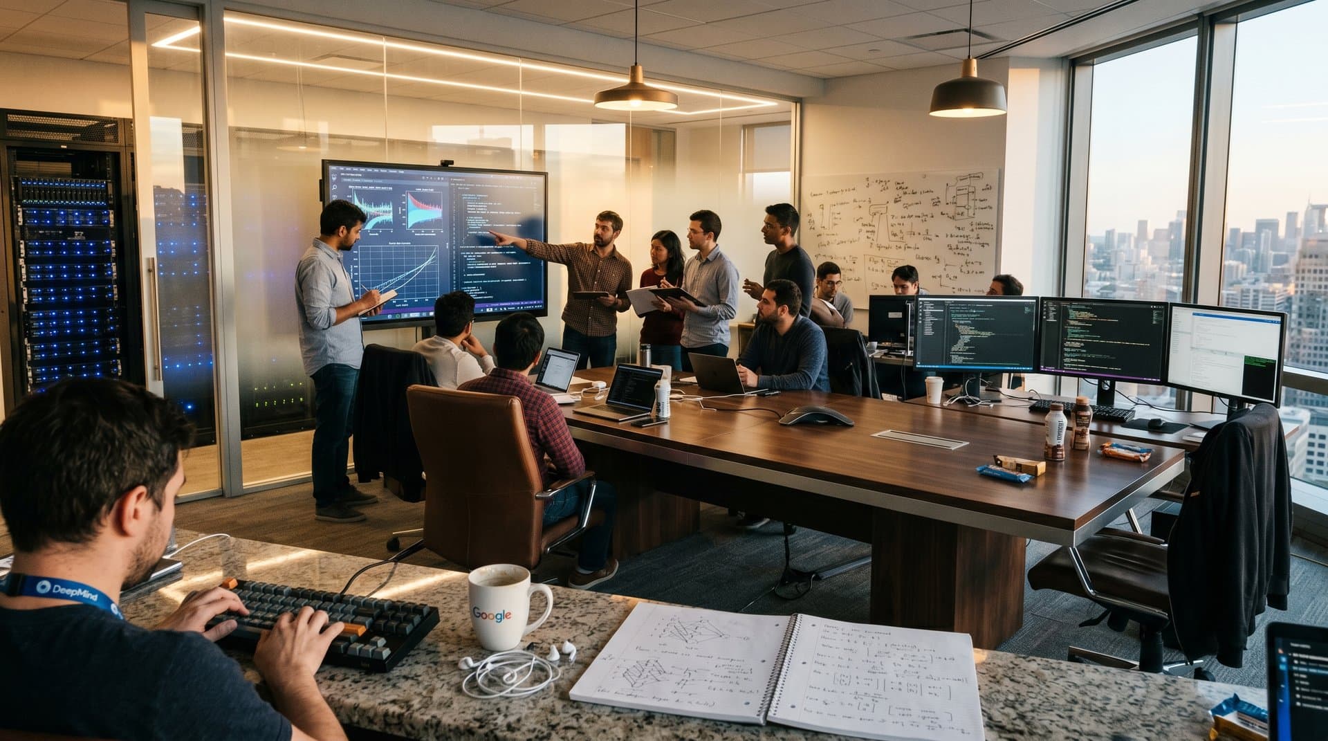 Engineers huddle over AI screens and keyboards in bustling Google DeepMind lab with server racks and city views
