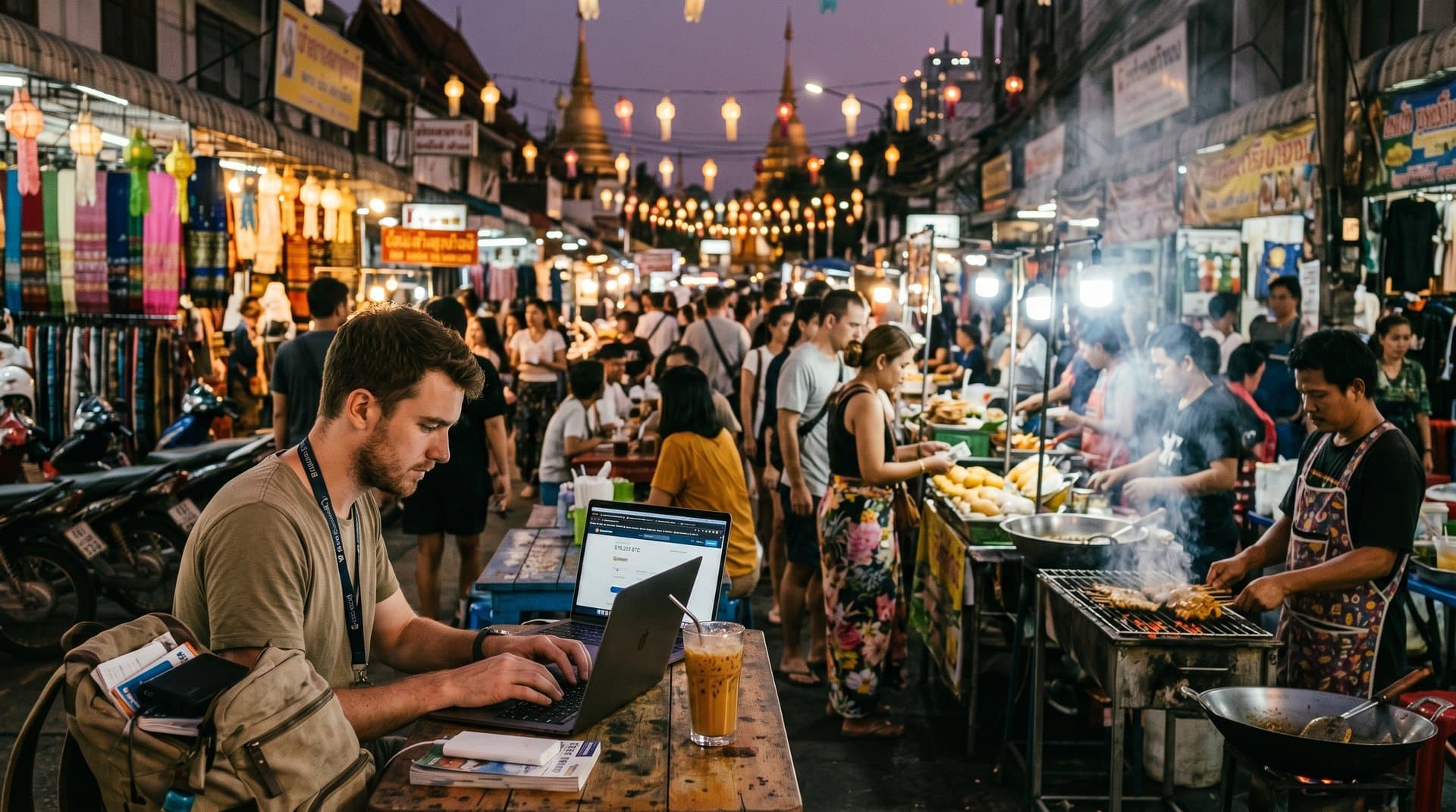 Nomad plans secure budget travel at night market with VPN, crypto wallet, and flight deals amid tropical vibes
