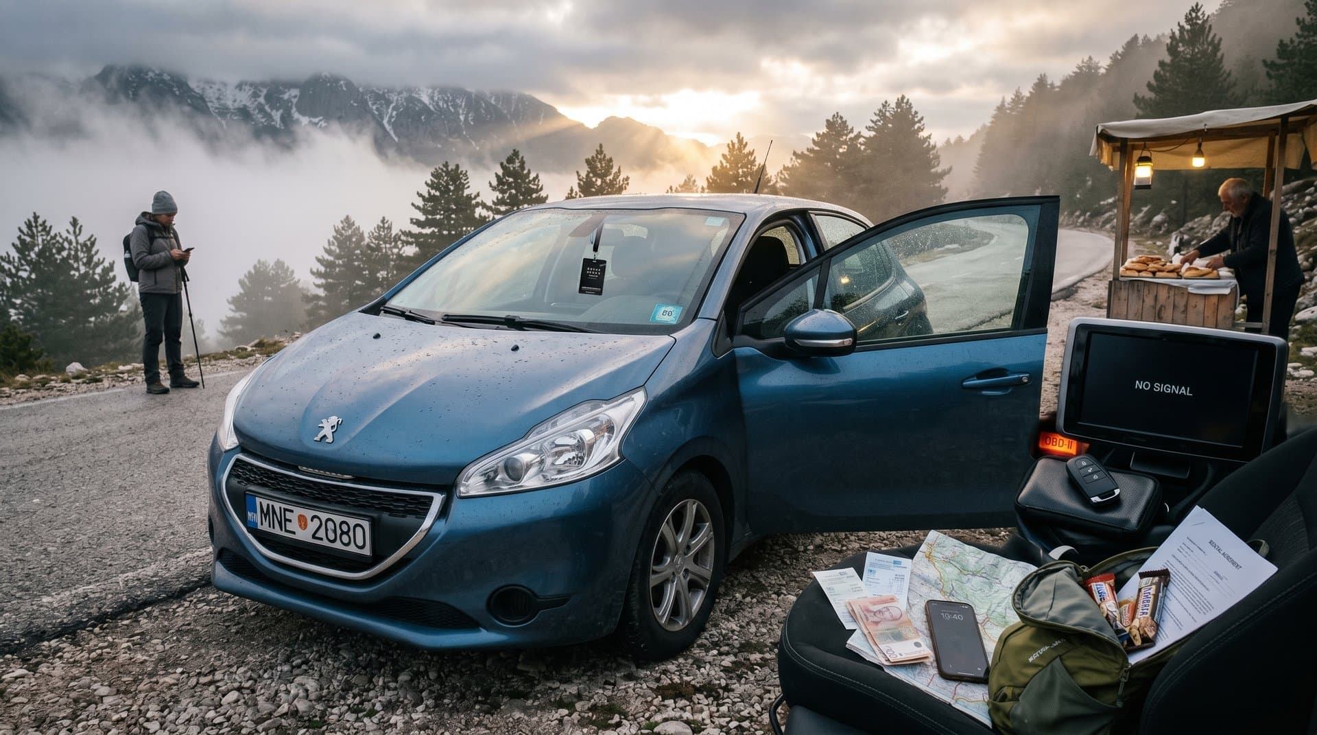 Rental car on misty mountain road with privacy blocker in OBD port and Faraday pouch on dashboard, fog over peaks evoking private adventure