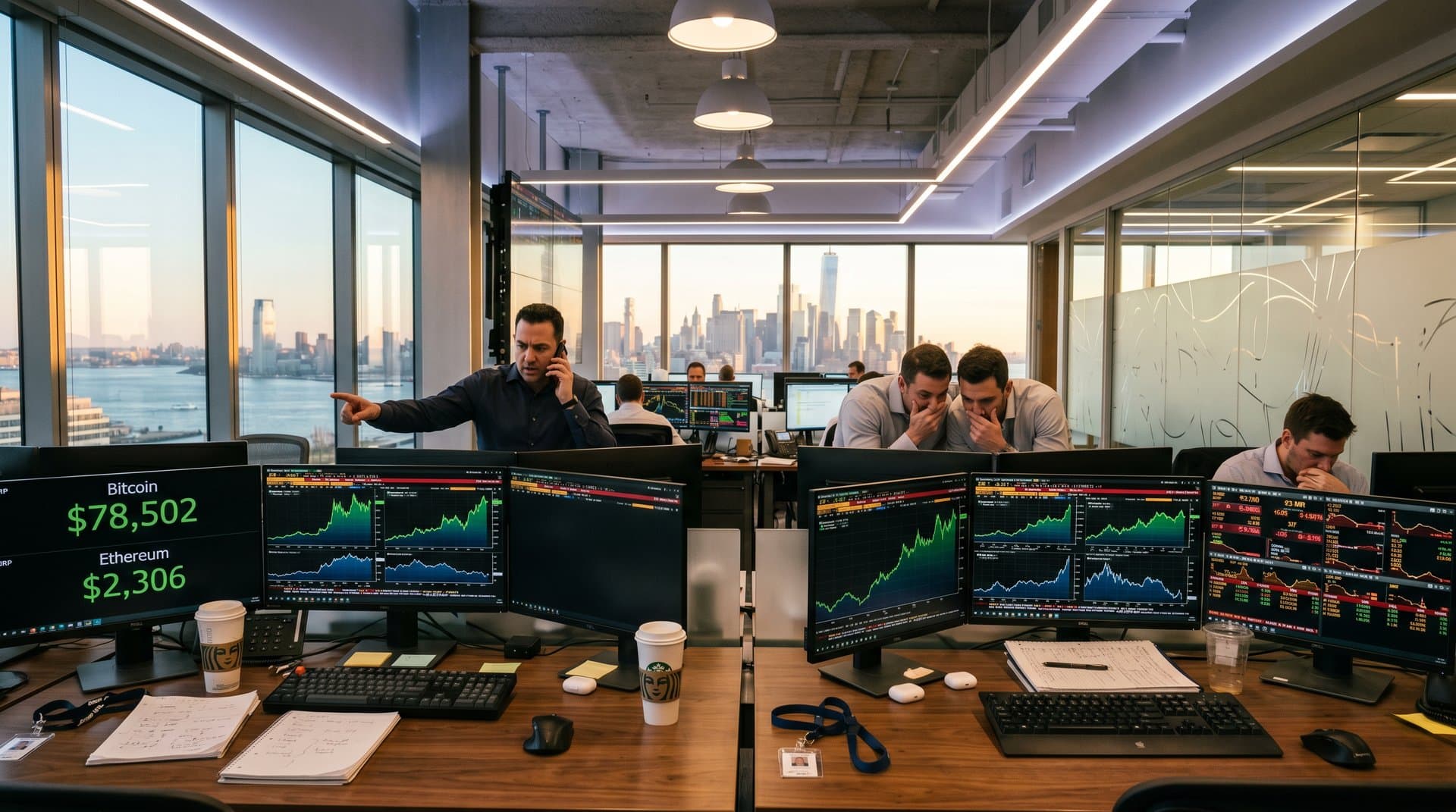 Trading floor screens show Meta crypto surge with BTC at $78,502 amid airline payment charts