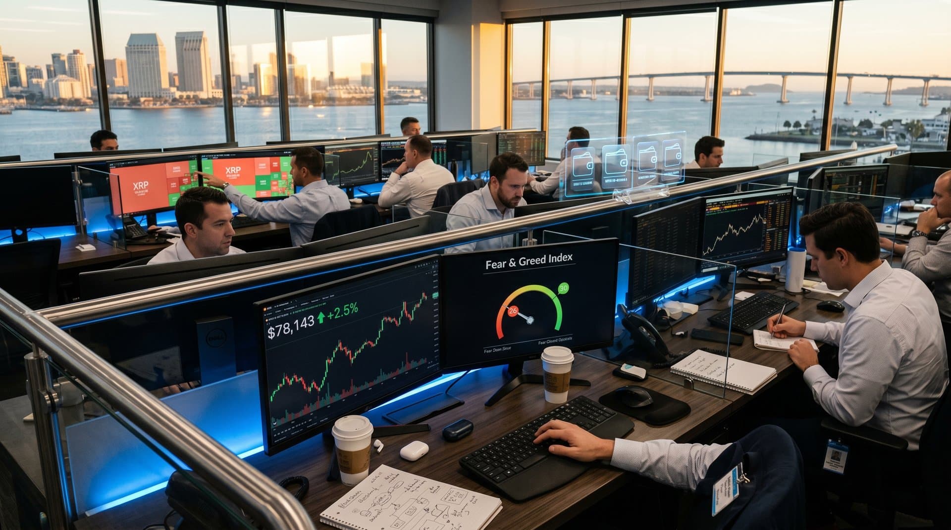 Trading screens display BTC at $78K, Fear Index 26, and San Diego FBI crypto crackdown news with harbor view (89 chars)