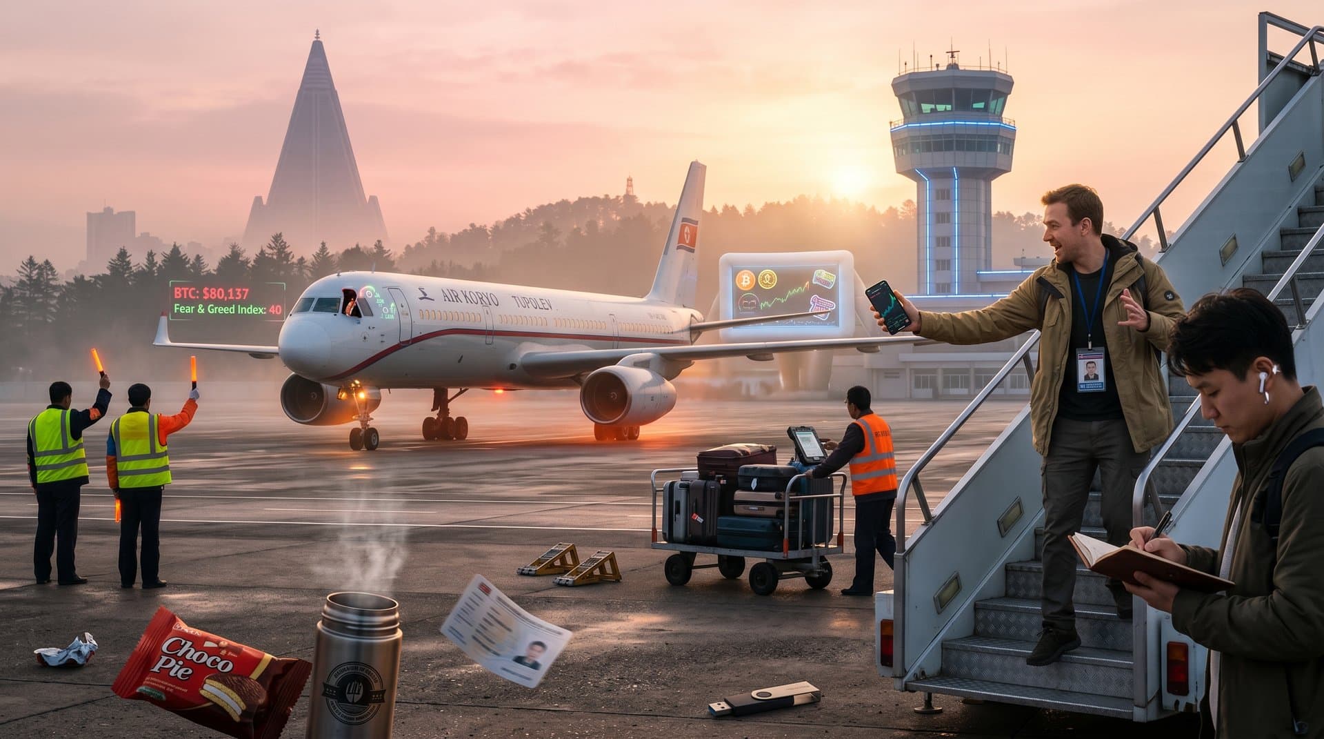 Air Koryo jet at Pyongyang Sunan Airport with BTC charts overlay amid adventure travel scene