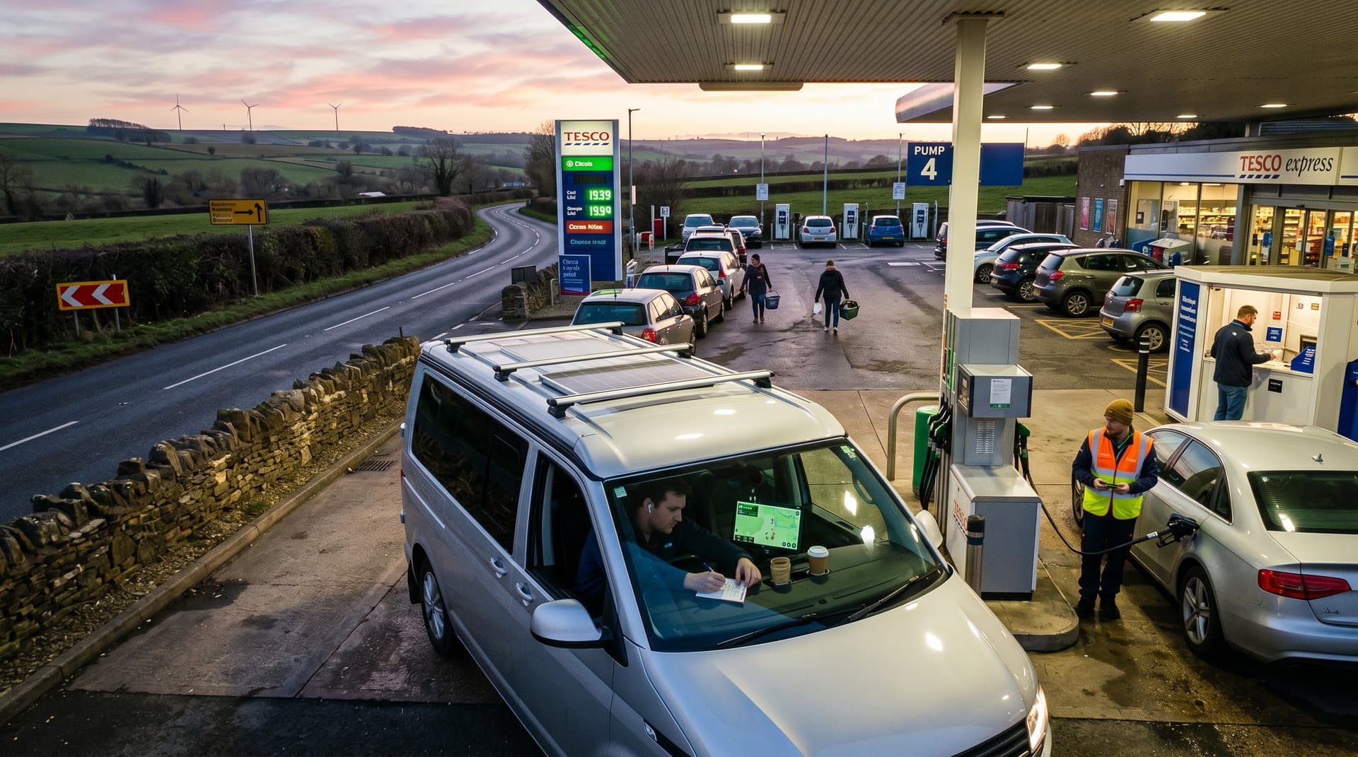 Campervan at Cotswolds petrol station with FuelInsight map on dashboard amid scenic UK road trip landscape