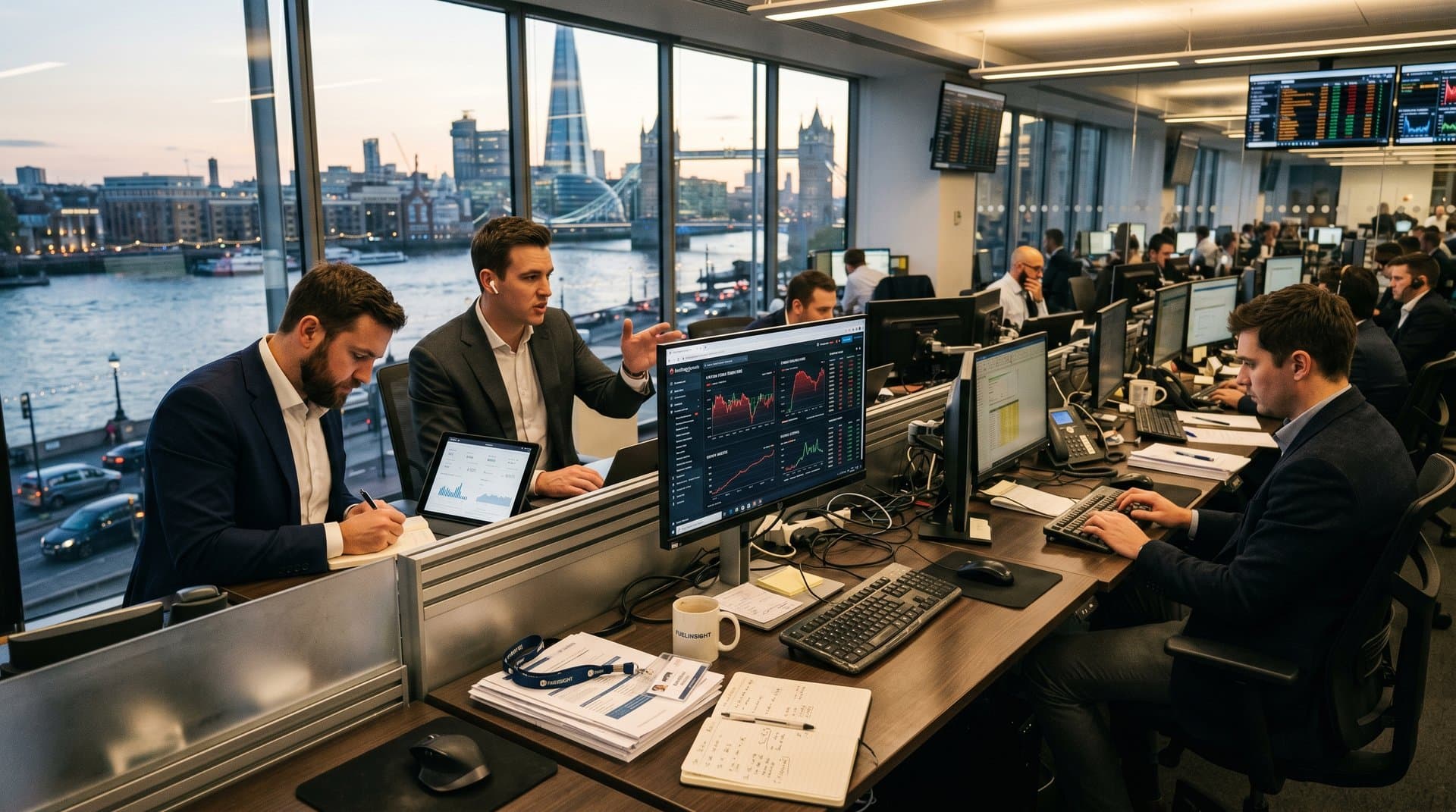 Trading desk screens display UK fuel price intelligence from FuelInsight.co.uk with 30-day trends and Thames view